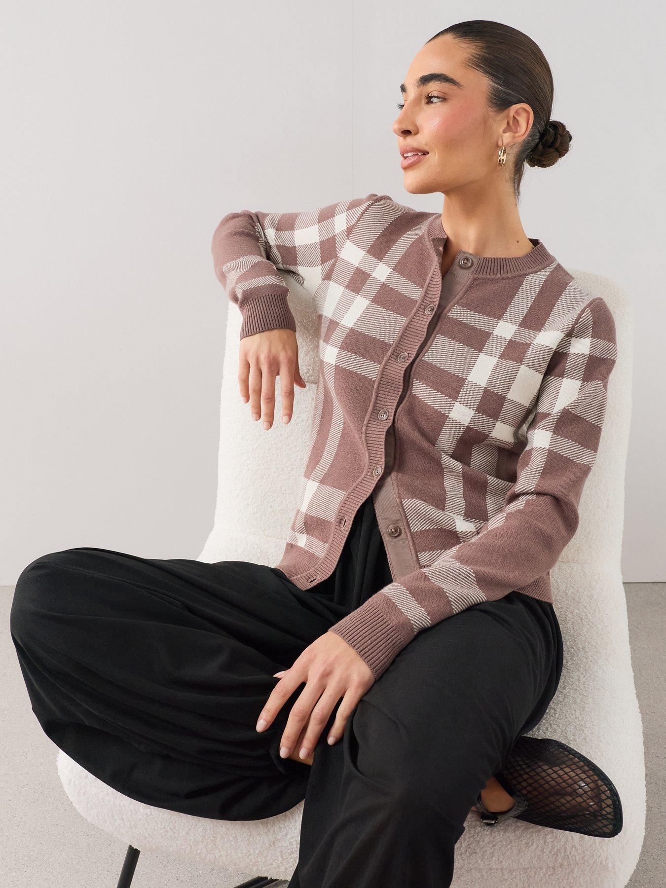 Image 5 of 7 of The Very Collection Classic Comfort Crew Neck Checked Cardigan - Brown