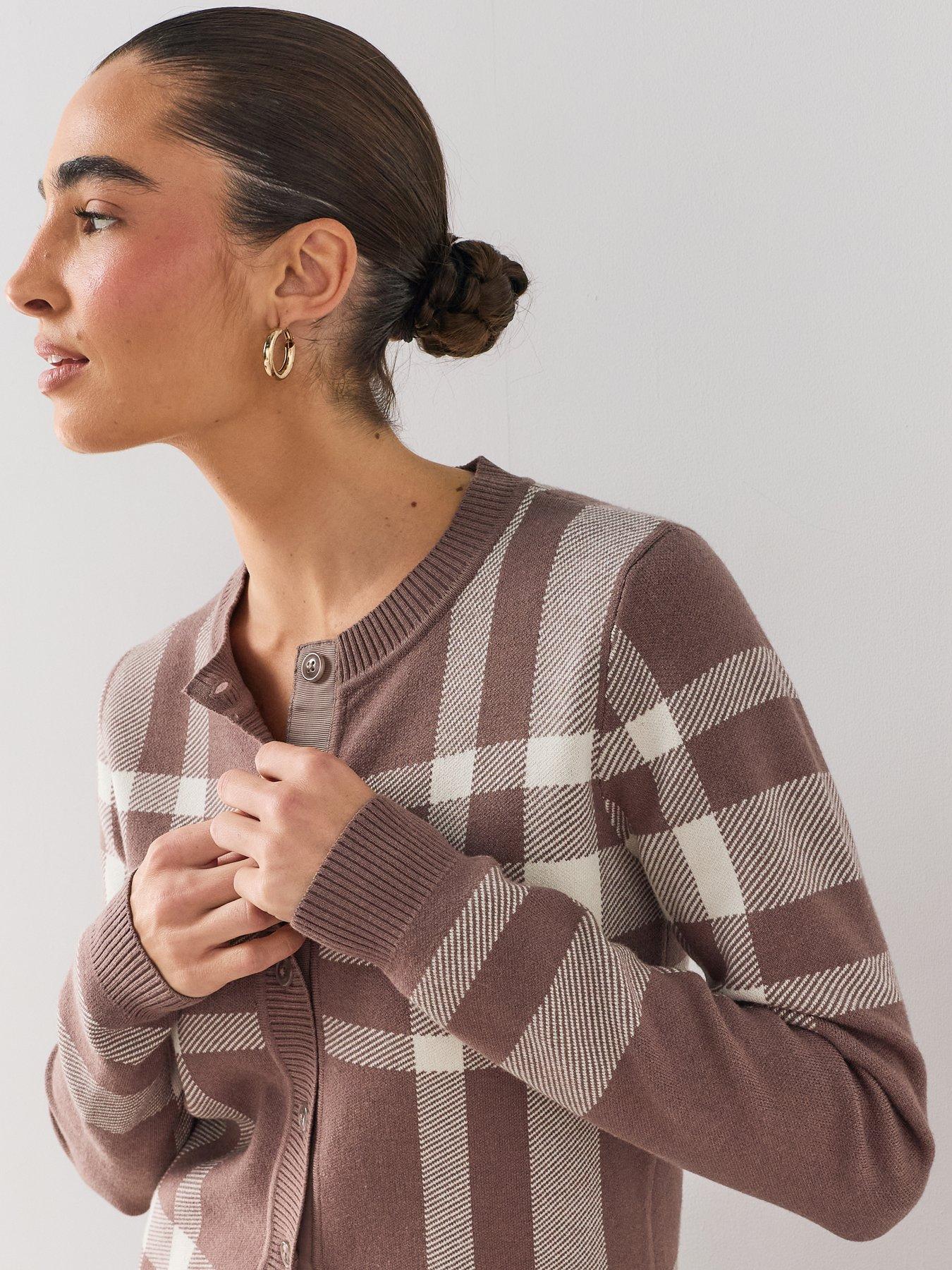 Image 6 of 7 of The Very Collection Classic Comfort Crew Neck Checked Cardigan - Brown