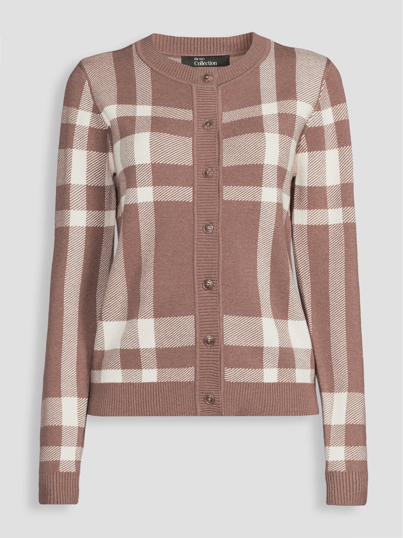 Image 7 of 7 of The Very Collection Classic Comfort Crew Neck Checked Cardigan - Brown