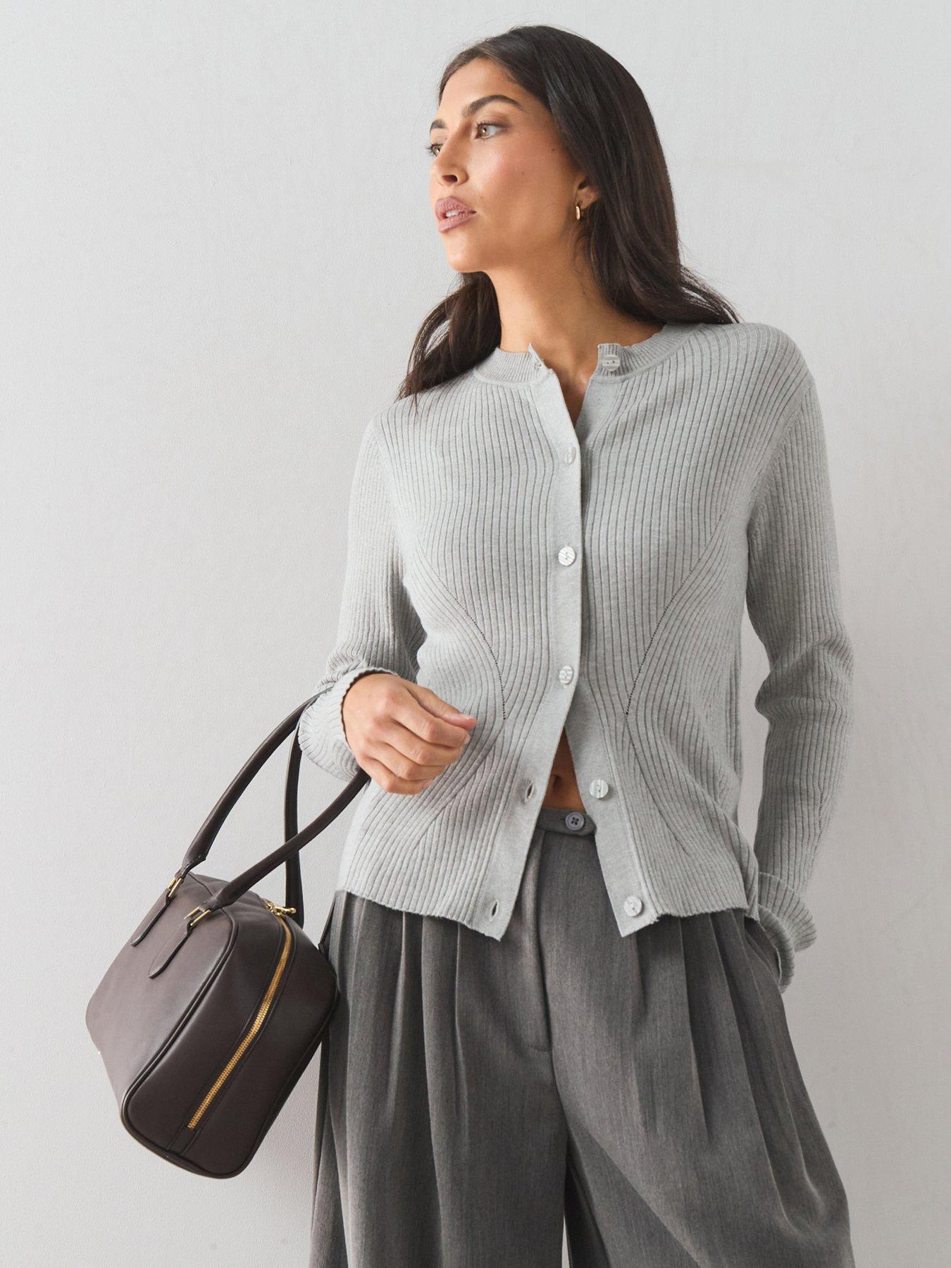 The Very Collection Classic Comfort Crew Neck Ribbed Cardigan - Light Grey