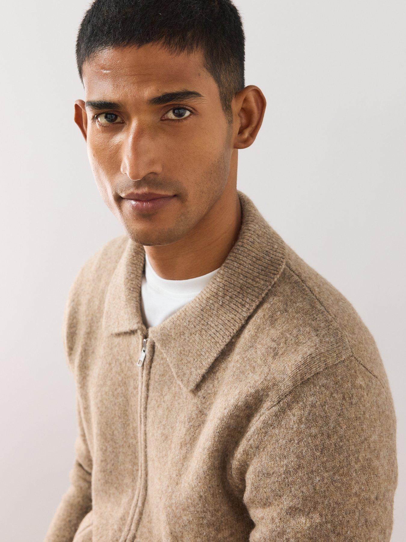 Image 5 of 6 of The Very Collection Mens Collared Wool Blend Zip Through Knitted Jacket - Brown