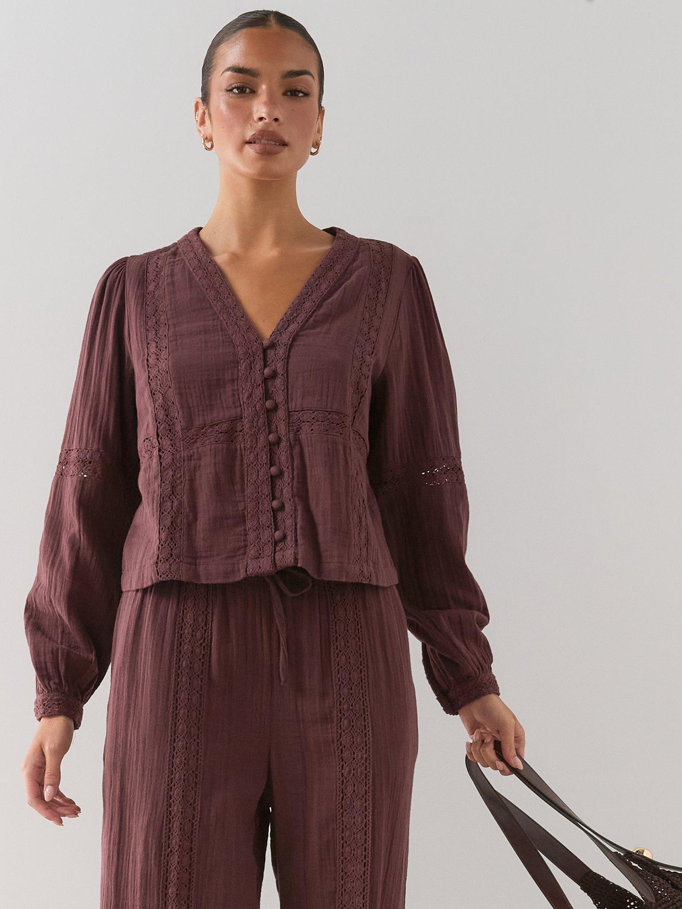 Image 1 of 7 of The Very Collection Crinkle V-Neck Button Front Co-Ord Blouse - Brown