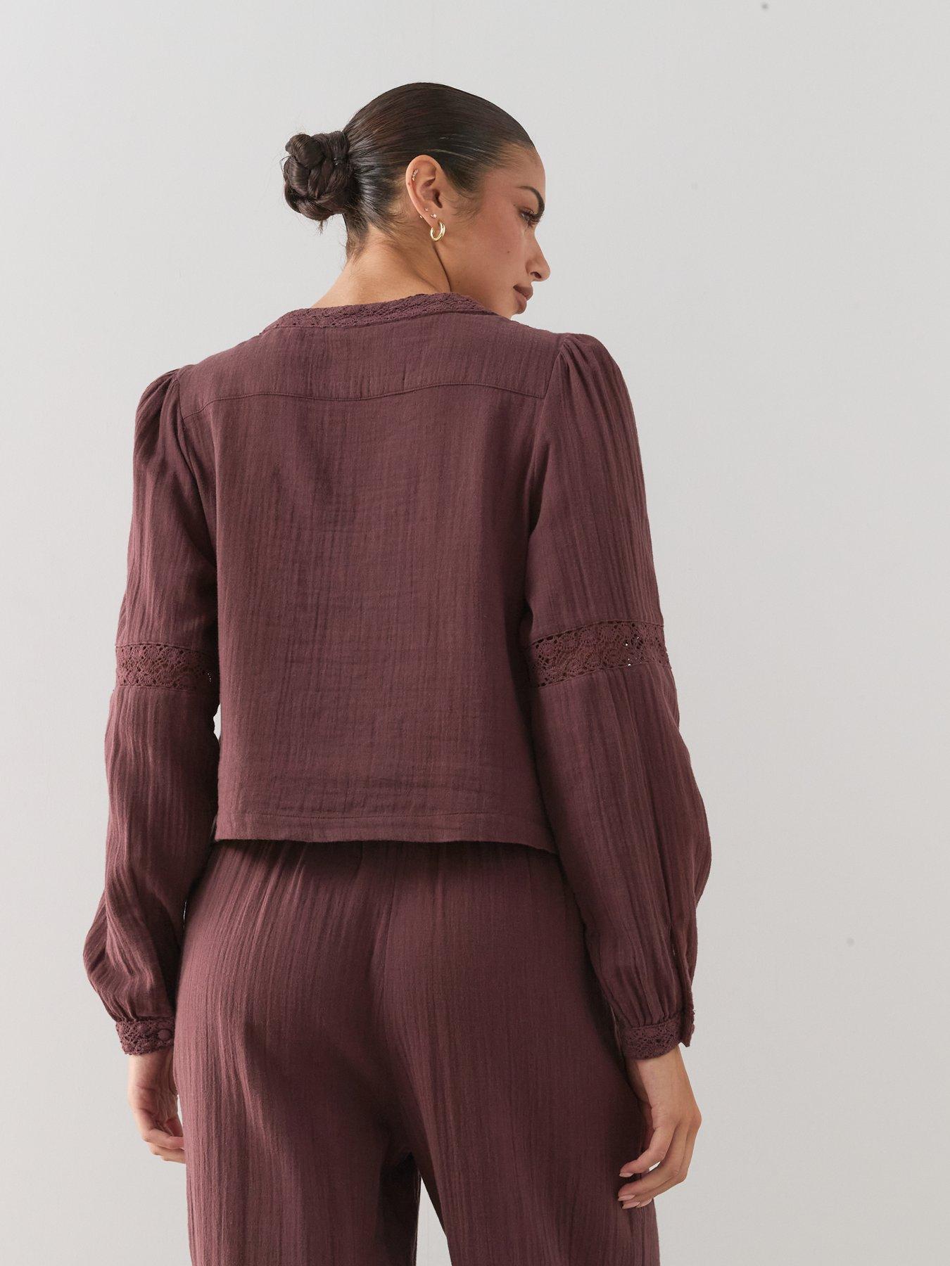 Image 2 of 7 of The Very Collection Crinkle V-Neck Button Front Co-Ord Blouse - Brown