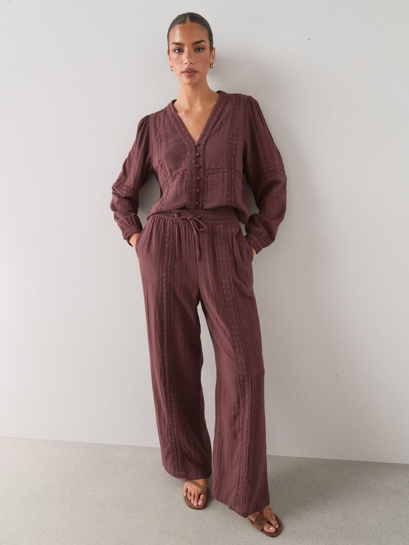 Image 3 of 7 of The Very Collection Crinkle V-Neck Button Front Co-Ord Blouse - Brown