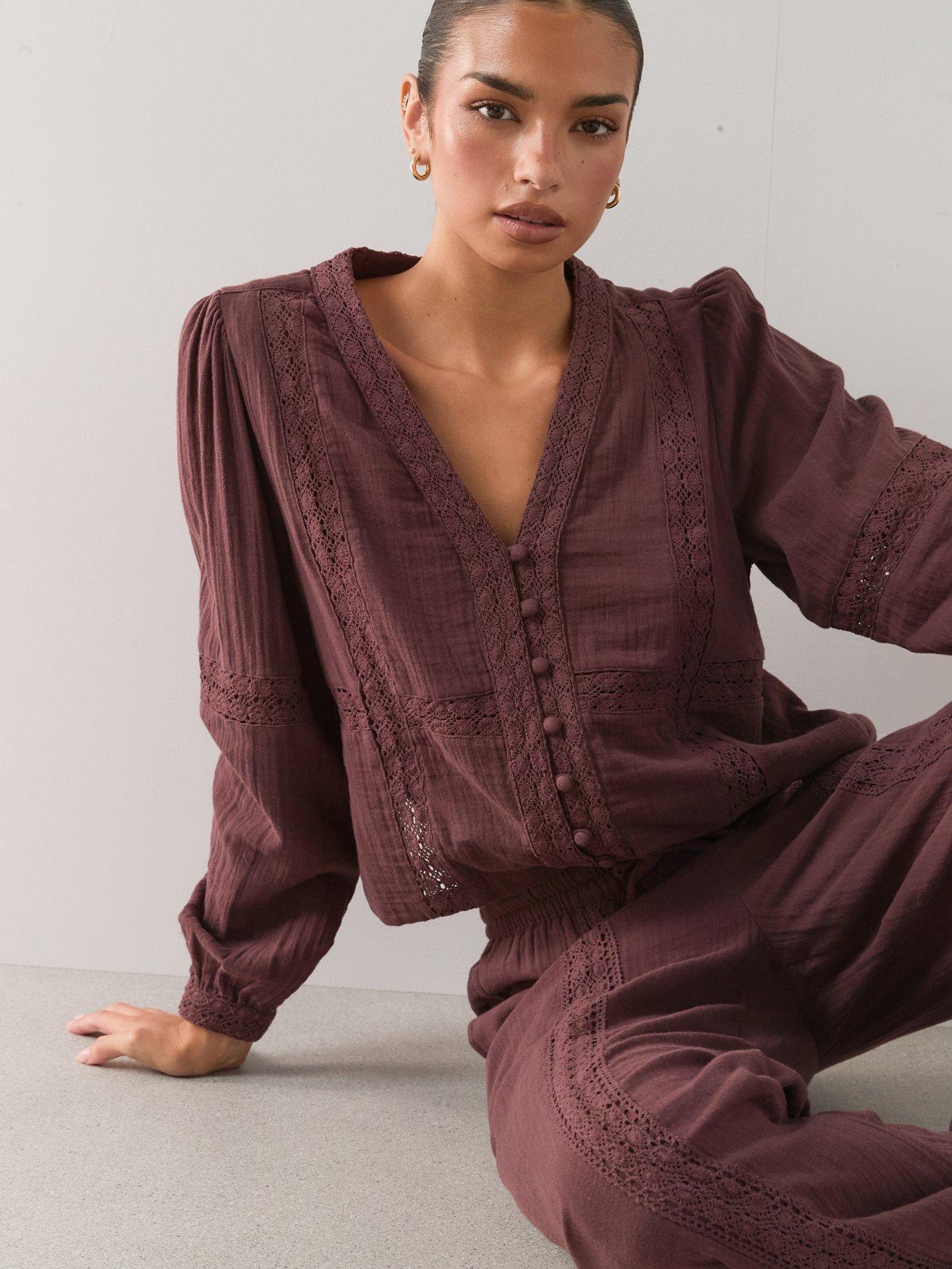 Image 4 of 7 of The Very Collection Crinkle V-Neck Button Front Co-Ord Blouse - Brown