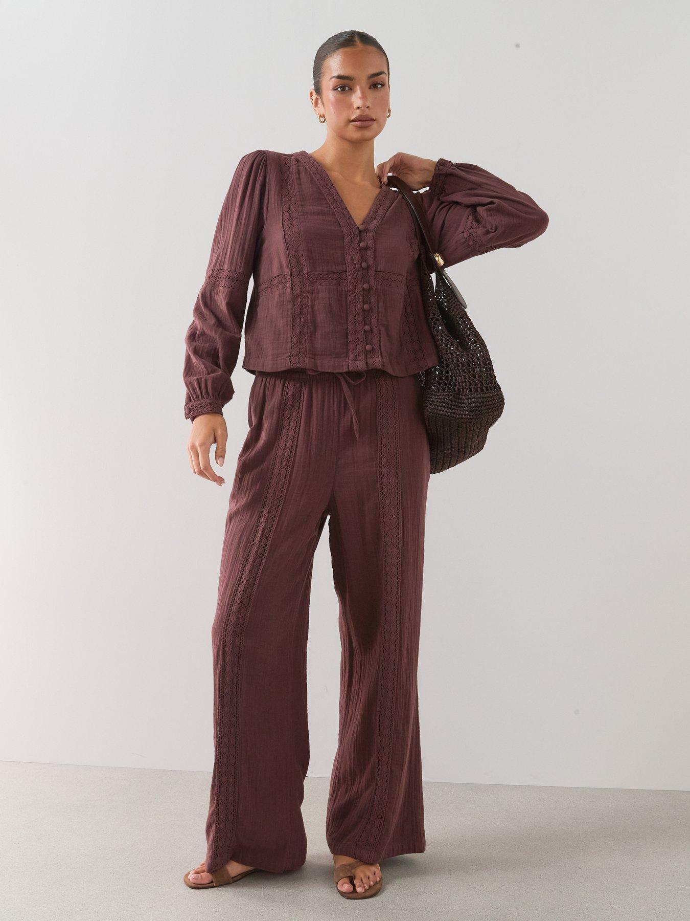 Image 5 of 7 of The Very Collection Crinkle V-Neck Button Front Co-Ord Blouse - Brown