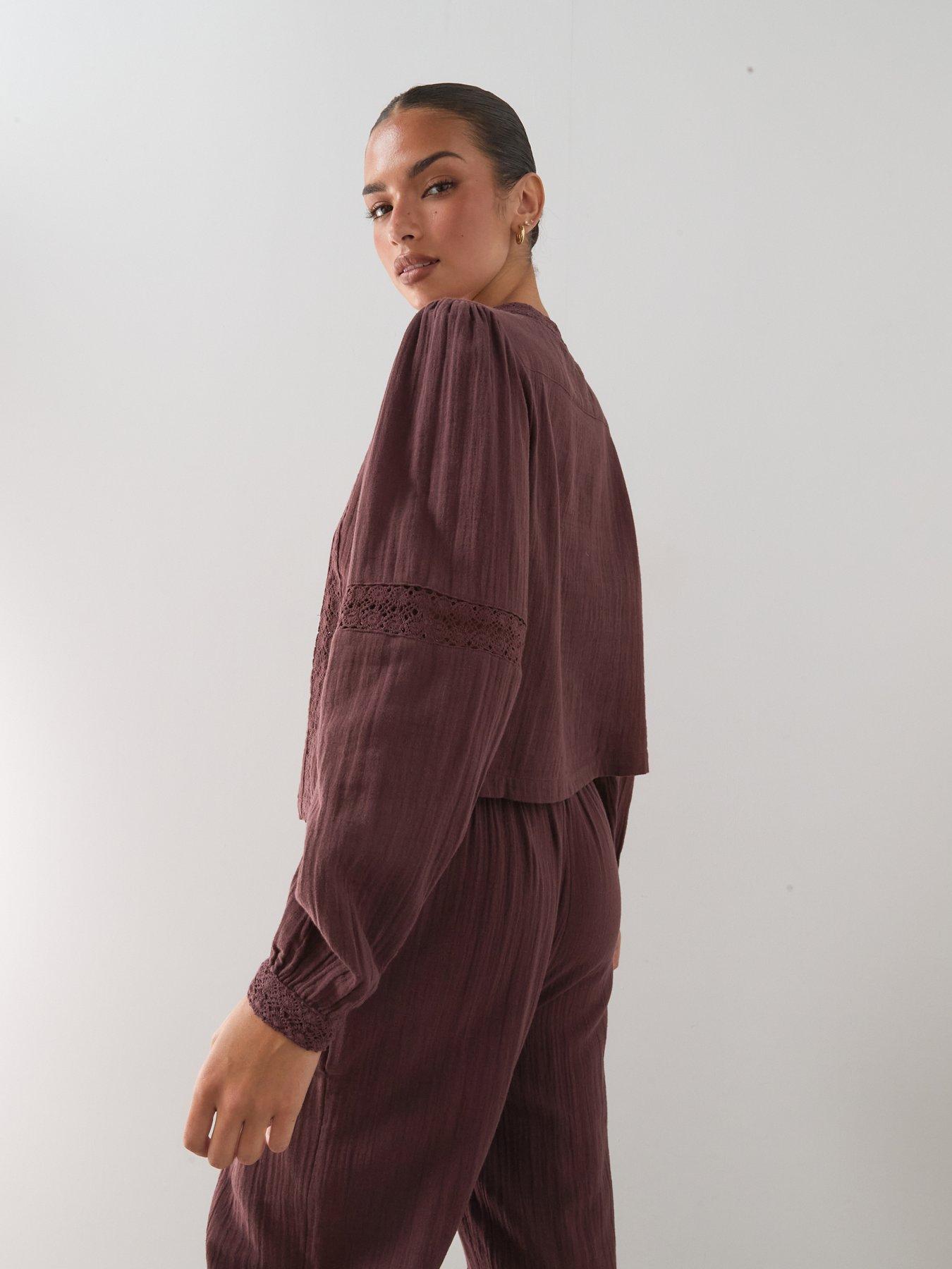 Image 6 of 7 of The Very Collection Crinkle V-Neck Button Front Co-Ord Blouse - Brown