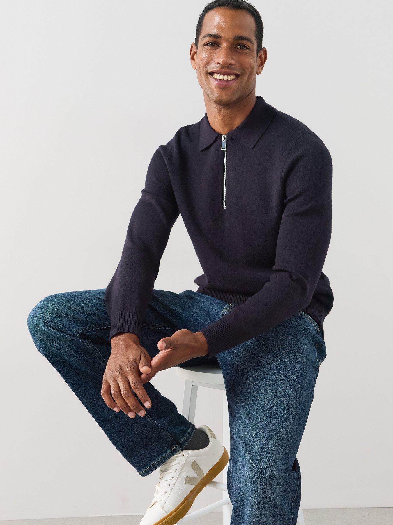Image 5 of 7 of The Very Collection Premium 1/4 Zip Knitted Polo - Navy
