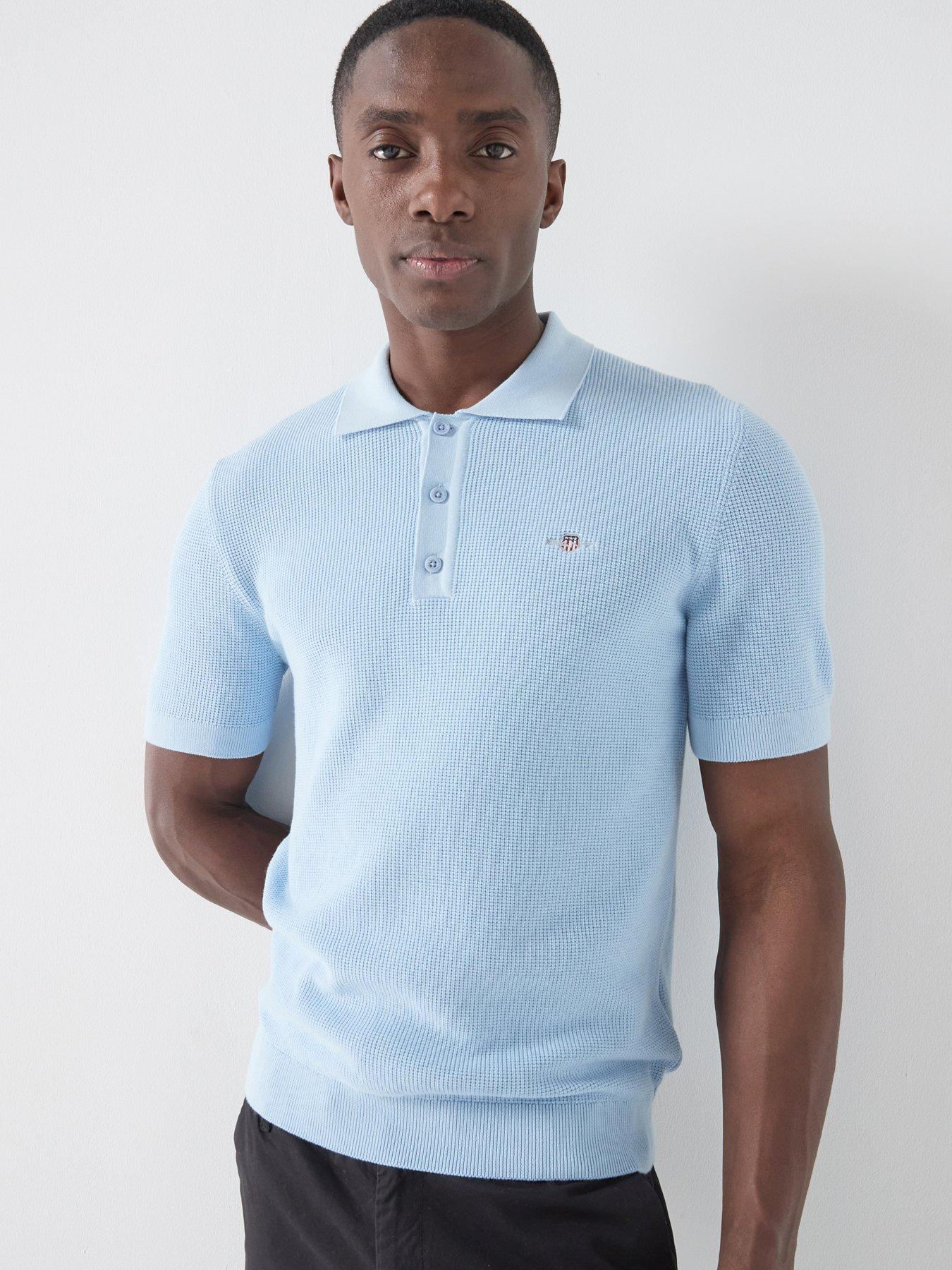 GANT Gant Micro Textured Cotton Knitted Short Sleeve Polo Shirt - Light Blue