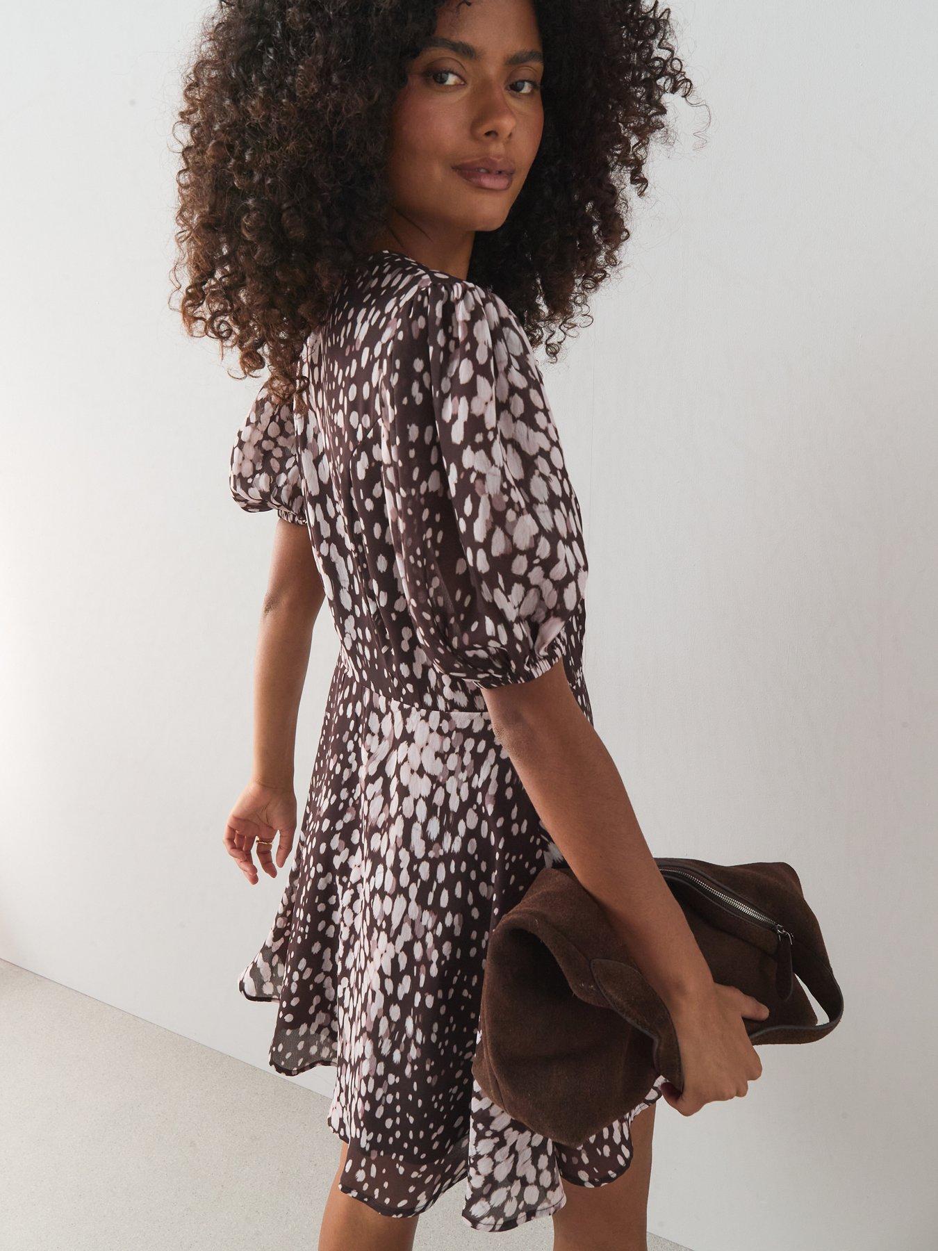 Image 5 of 6 of The Very Collection Printed Frill Tea Dress - Brown