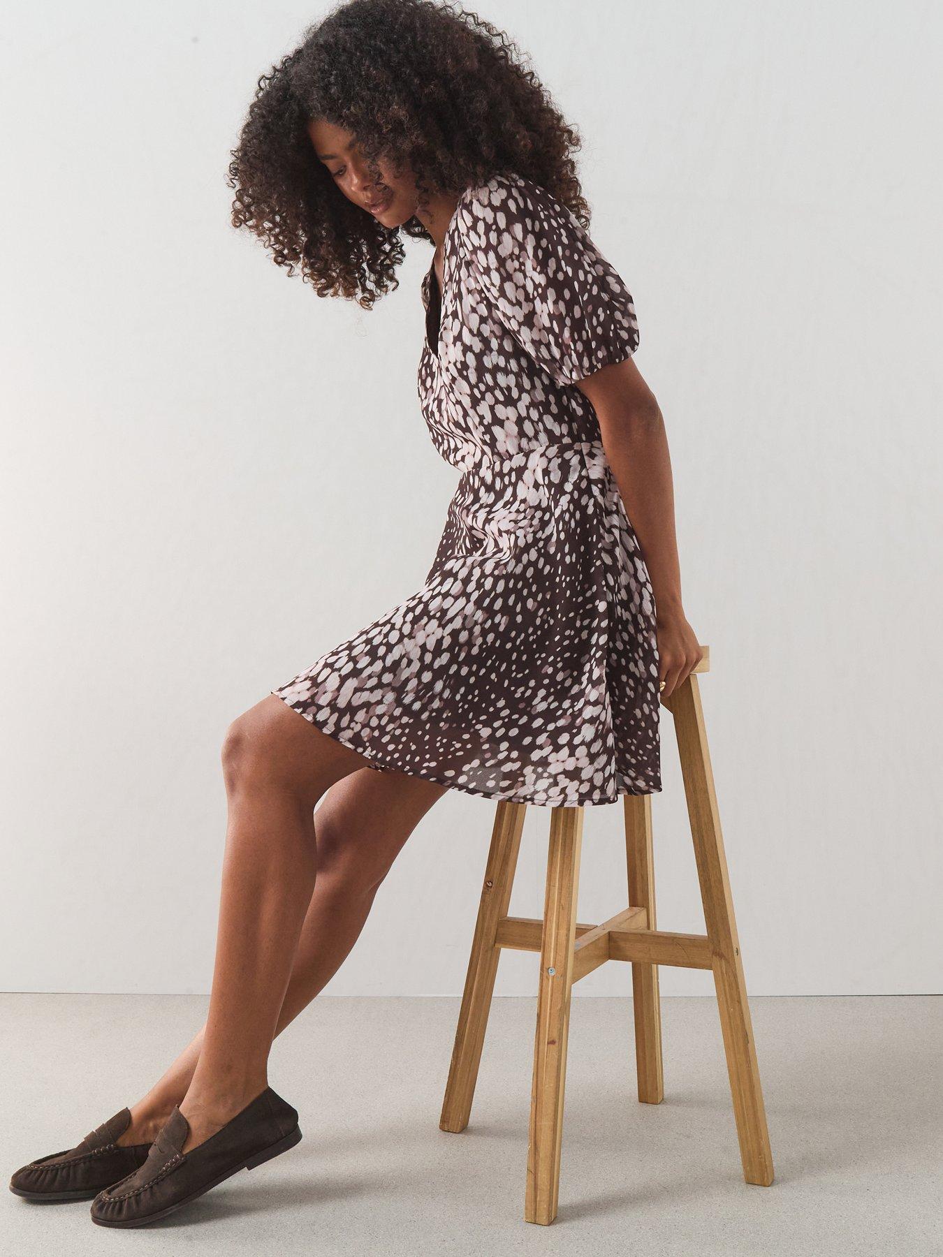 Image 6 of 6 of The Very Collection Printed Frill Tea Dress - Brown