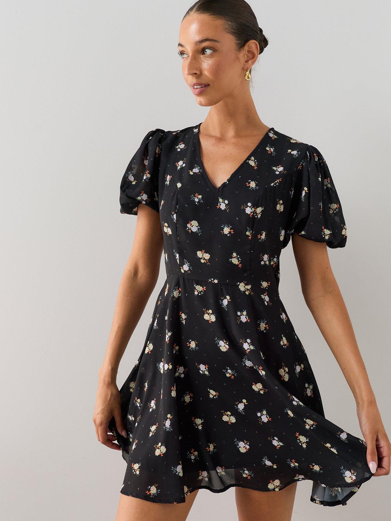 Image 1 of 7 of The Very Collection Printed Frill Tea Dress - Black