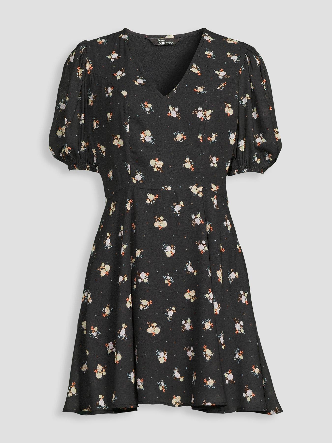 Image 7 of 7 of The Very Collection Printed Frill Tea Dress - Black