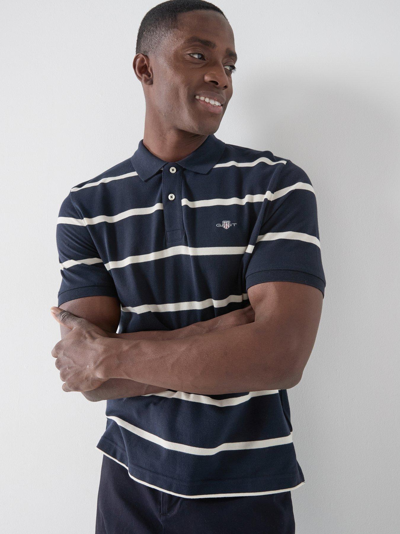 GANT Gant Regular Fit Shield Striped Short Sleeve Polo Shirt - Navy