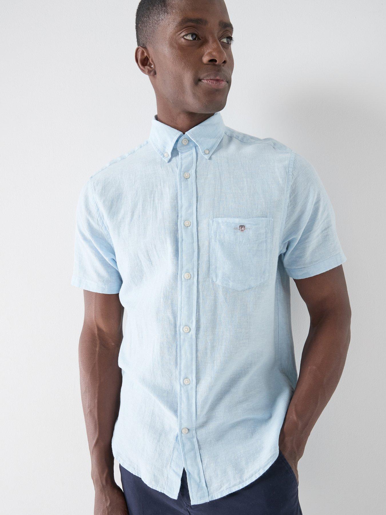 GANT Gant Regular Fit Cotton Linen Blend Short Sleeve Shirt - Light Blue