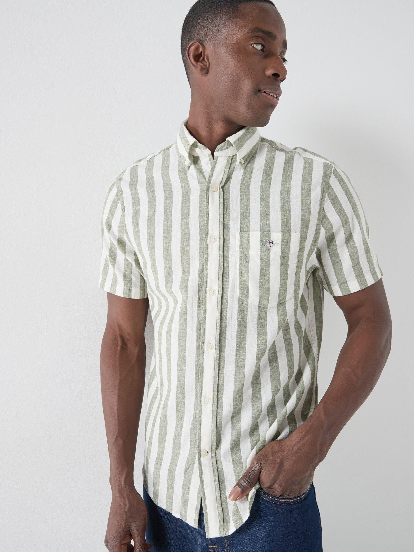 GANT Gant Regular Fit Cotton Linen Blend Striped Short Sleeve Shirt - Green