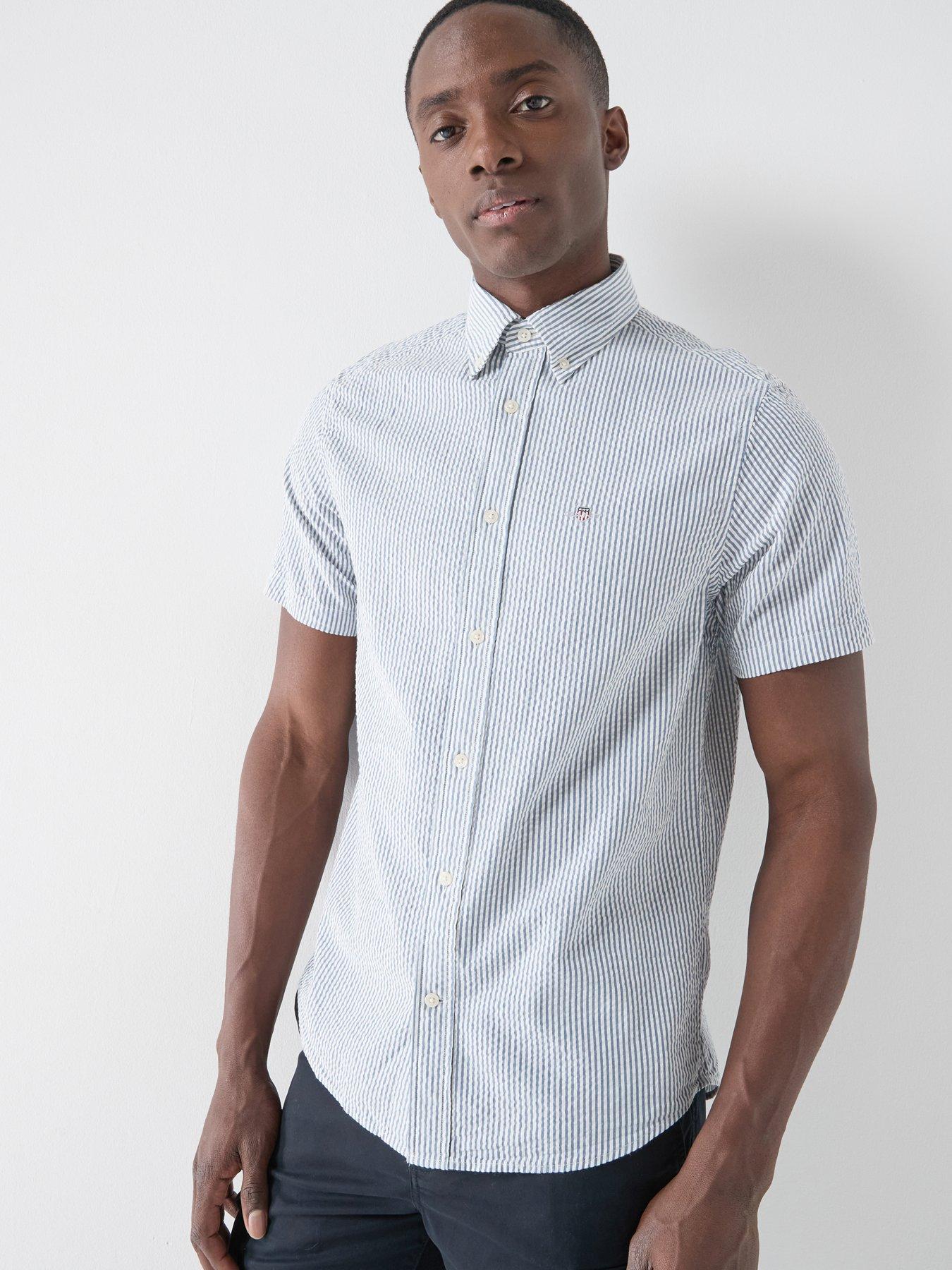 GANT Gant Regular Fit Seersucker Striped Short Sleeve Shirt - Blue