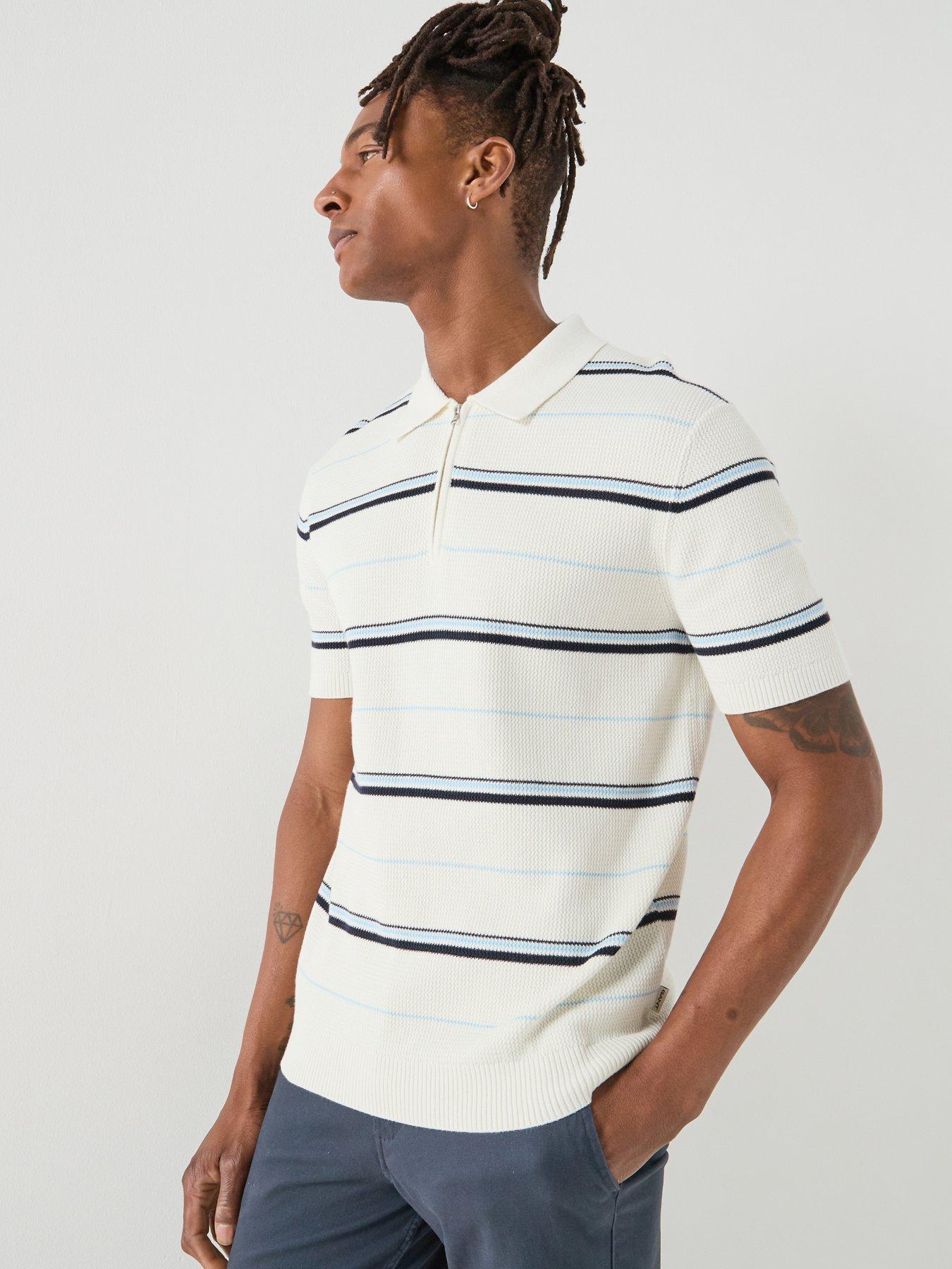 GANT Gant Striped Textured Zip Knitted Polo Shirt - Off White