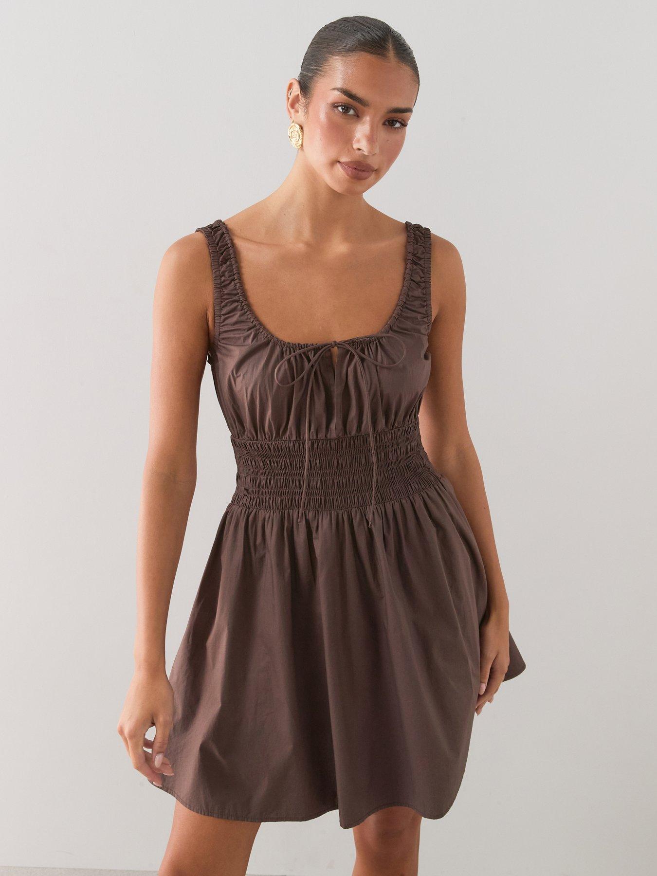 The Very Collection Shirred Channel Waist Mini Dress - Brown
