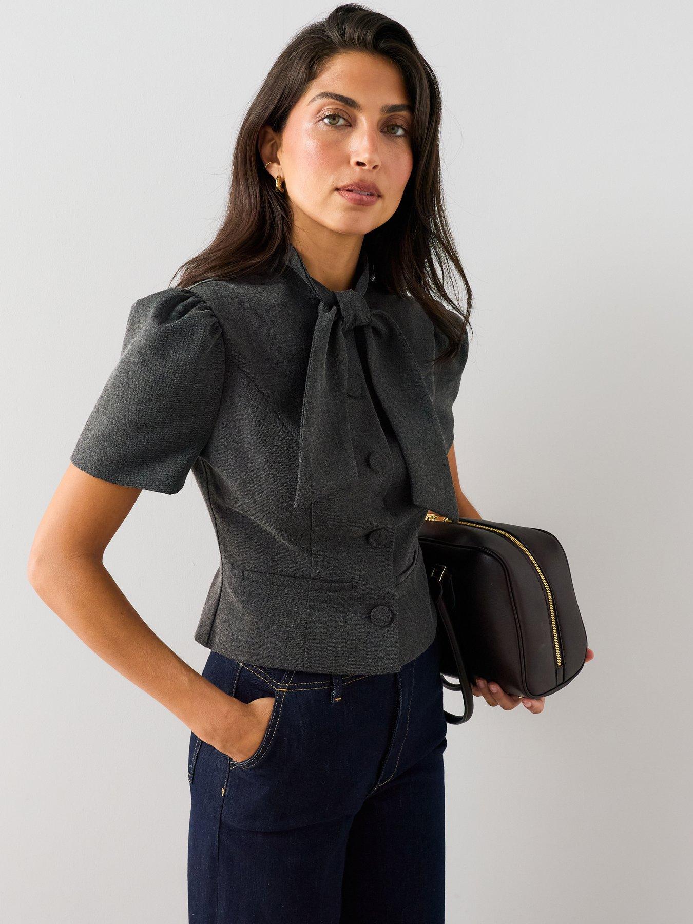 The Very Collection Women's Tailored Tie Neck Blouse - Grey