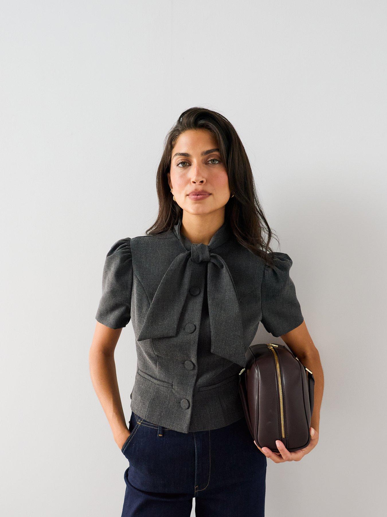 Image 4 of 7 of The Very Collection Tailored Tie Neck Blouse