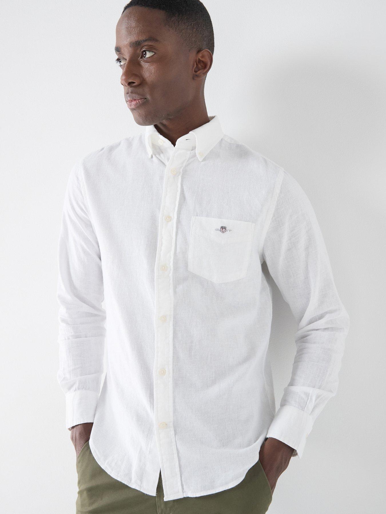 Image 1 of 5 of GANT Regular Fit Cotton Linen Long Sleeve Shirt - White