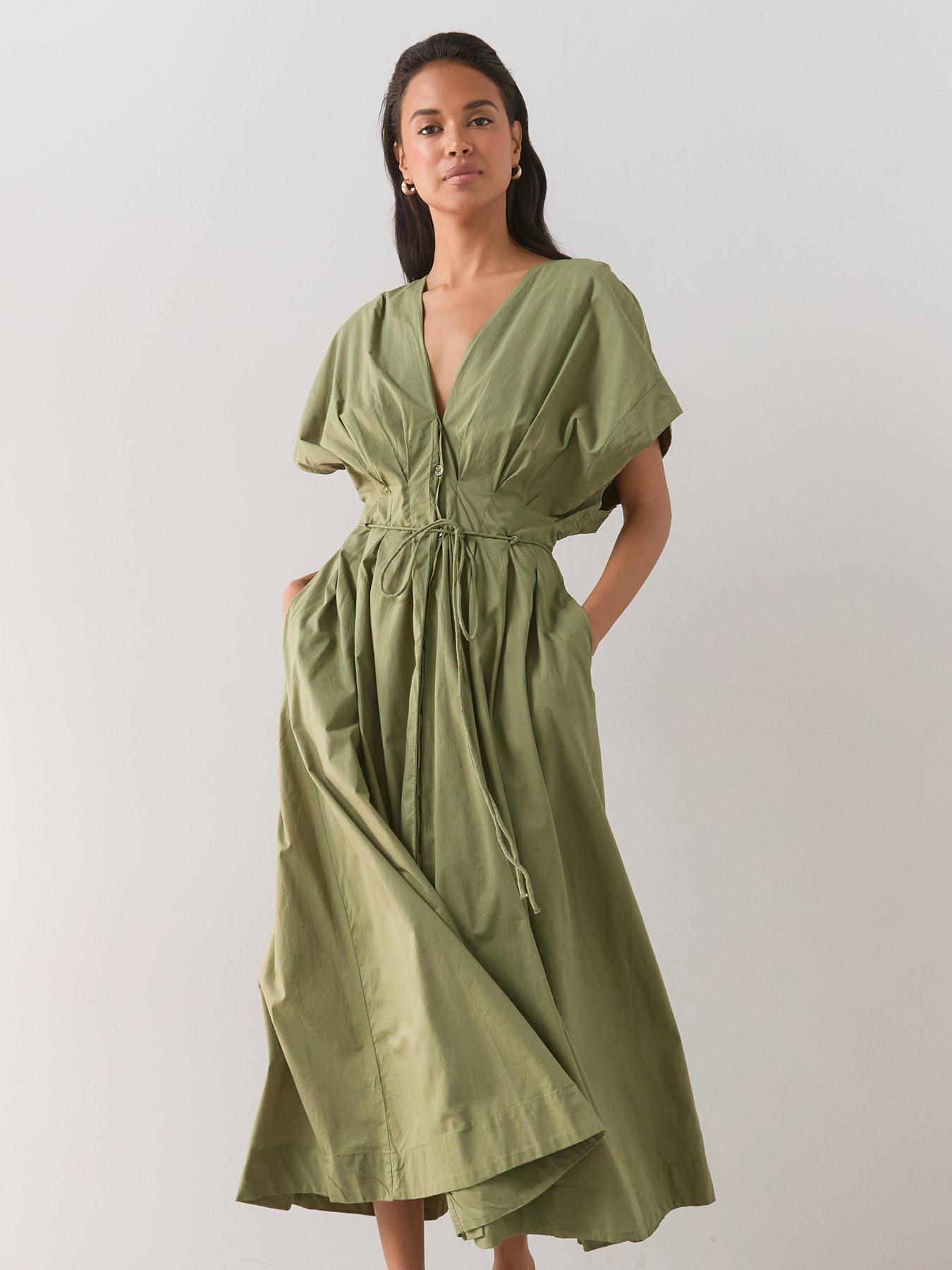 The Very Collection Belted Detail Batwing Floaty Midi Dress - Green