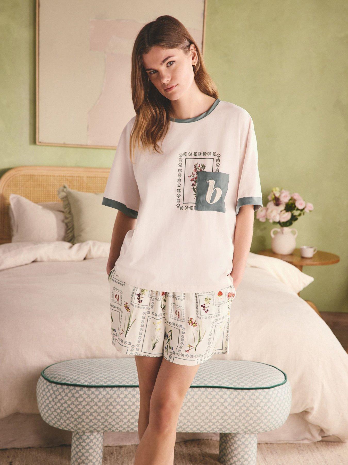 Image 1 of 6 of B By Ted Baker Patch Shorts Pyjama Set - Ecru/Green