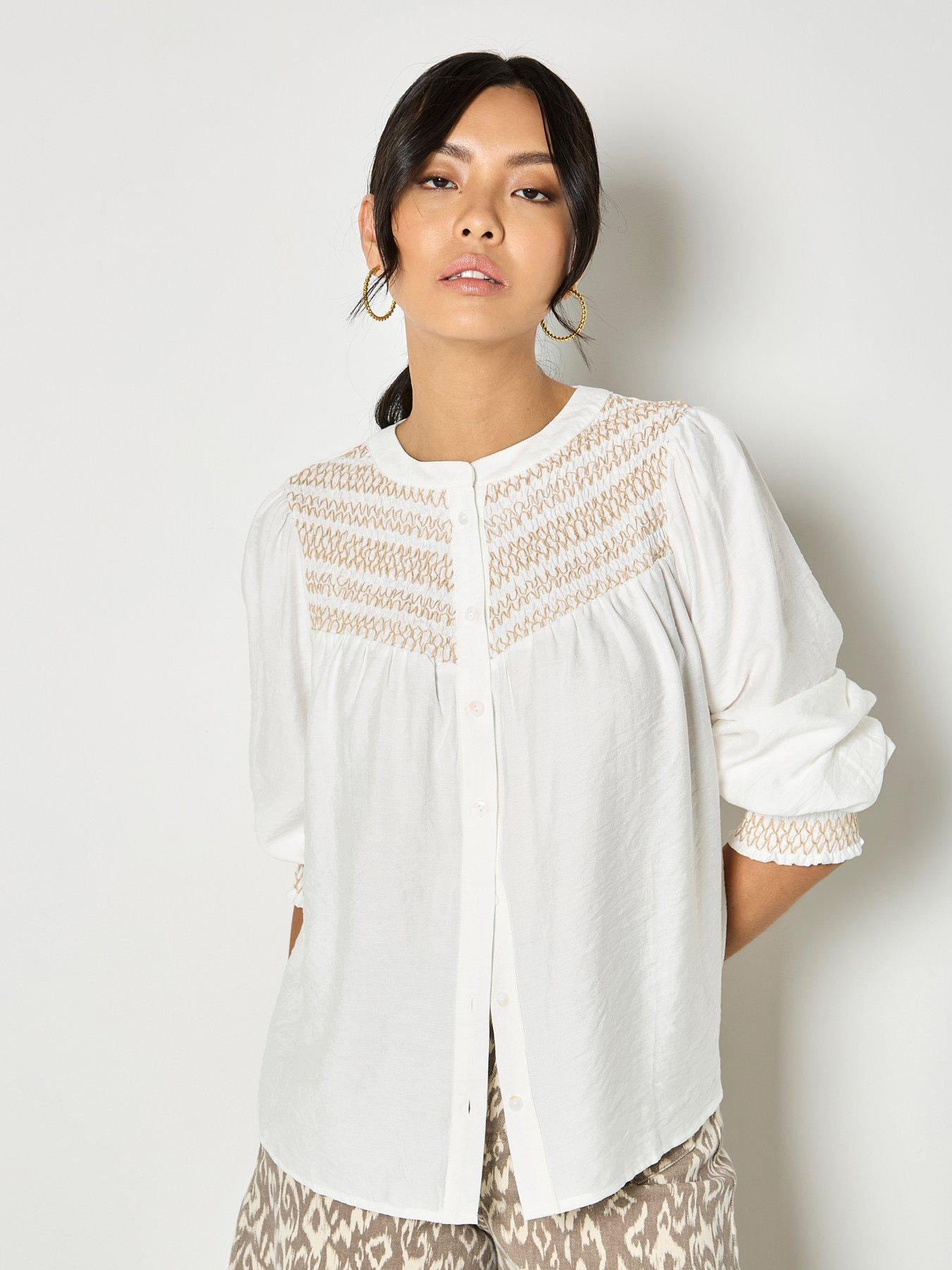 Image 1 of 4 of Apricot Wavy Embroidered Smocked Blouse