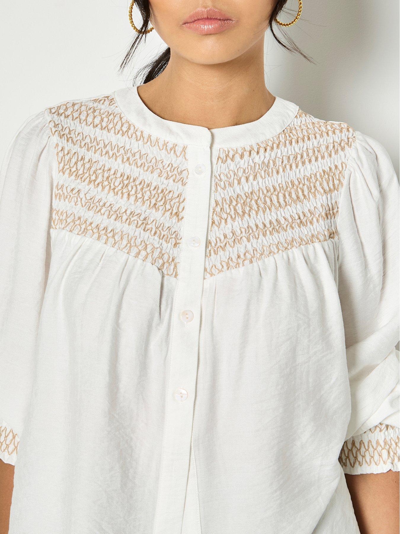 Image 4 of 4 of Apricot Wavy Embroidered Smocked Blouse