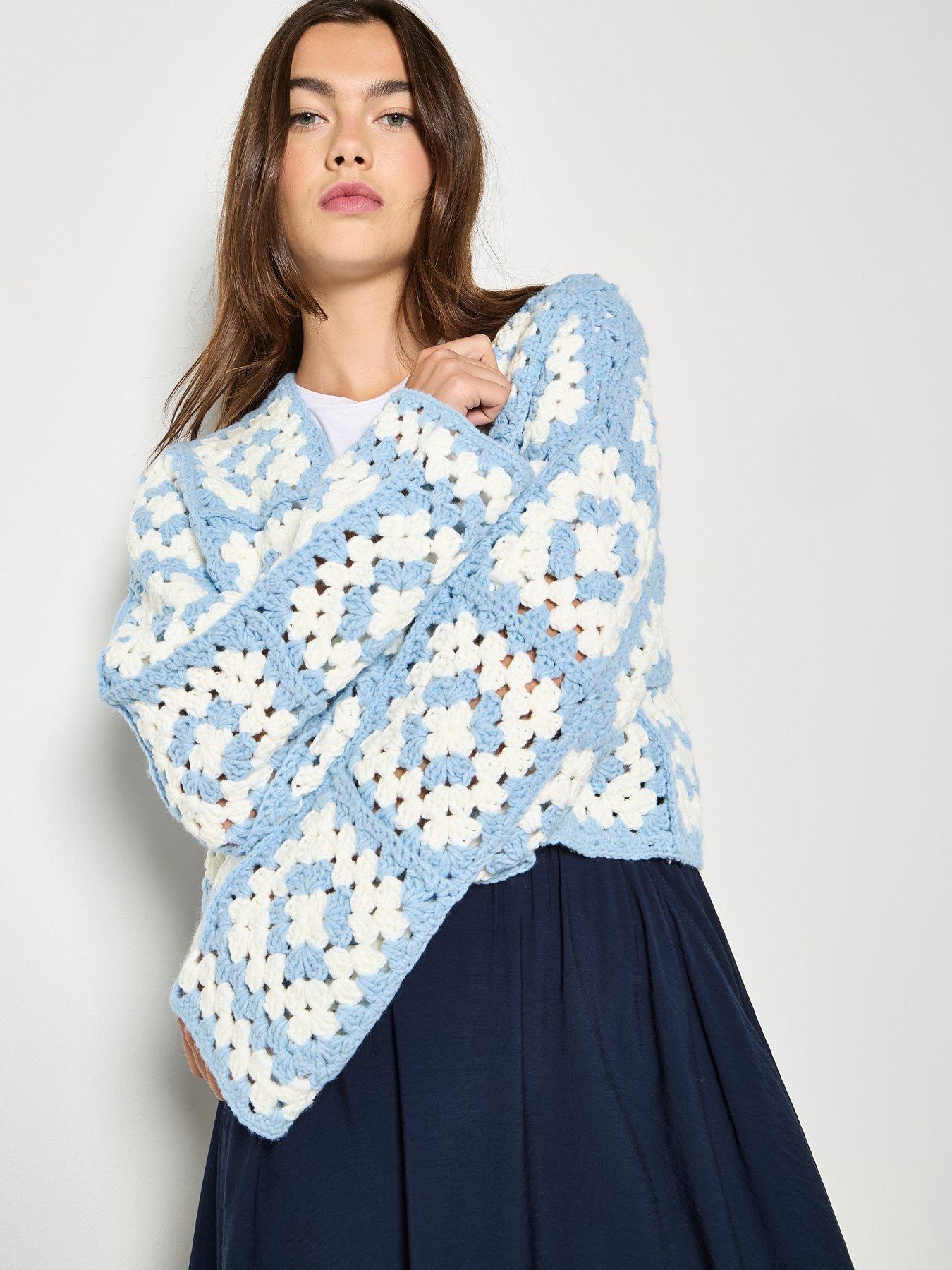 Image 1 of 5 of Apricot Hand-knit Crochet Squares Cardigan