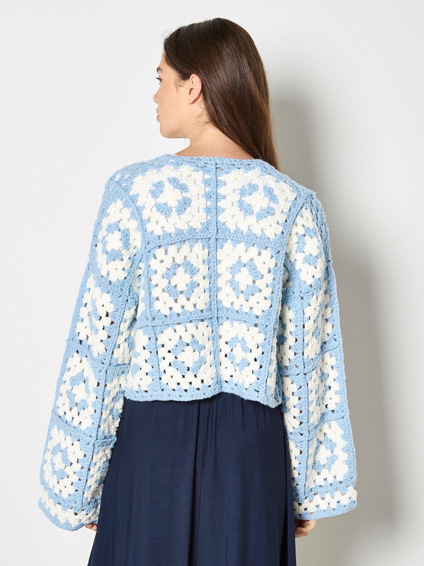 Image 2 of 5 of Apricot Hand-knit Crochet Squares Cardigan