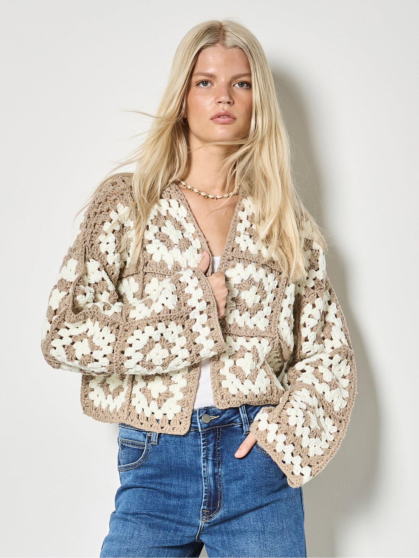 Image 1 of 4 of Apricot Hand-knit Crochet Squares Cardigan