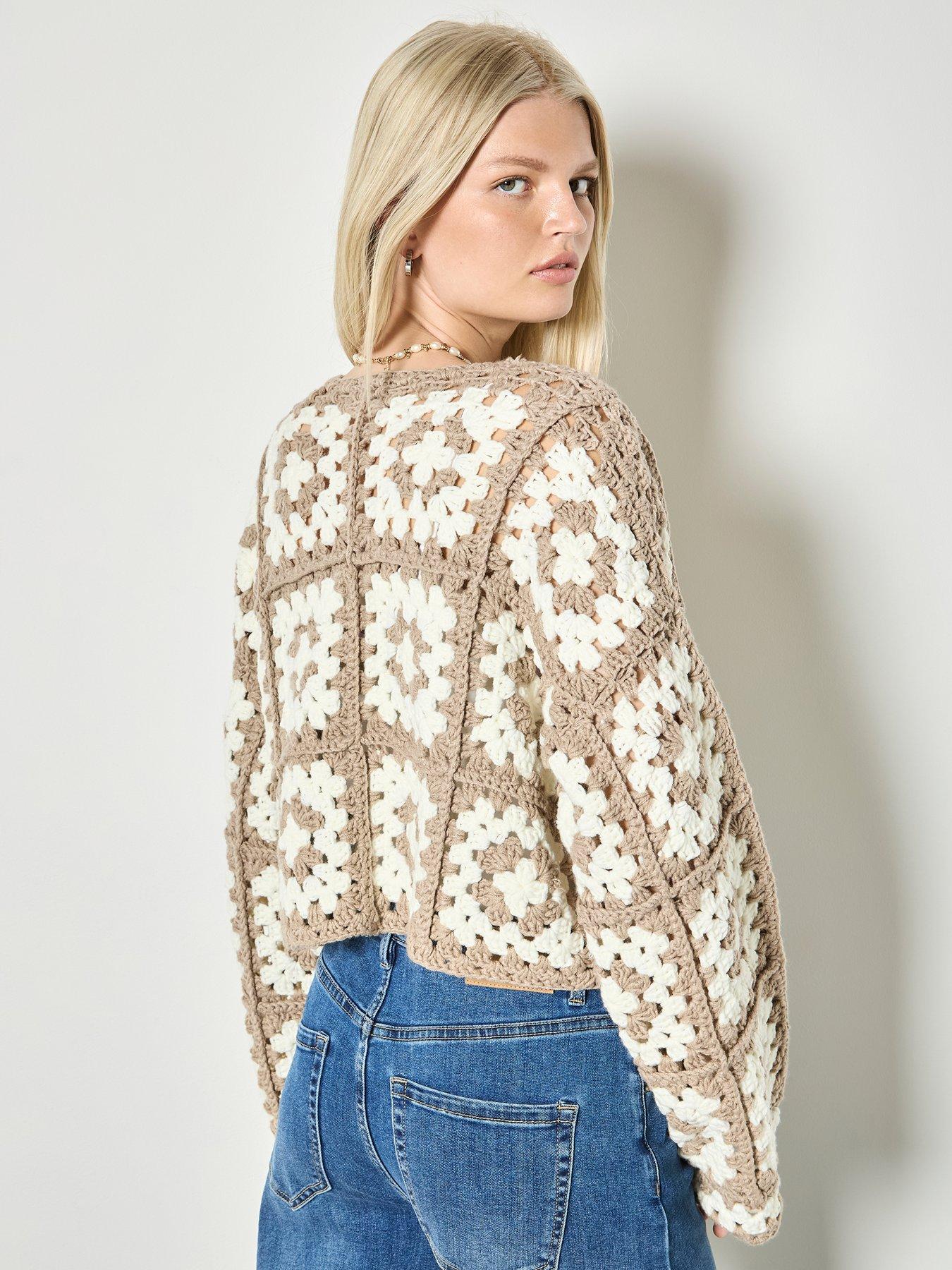 Image 2 of 4 of Apricot Hand-knit Crochet Squares Cardigan
