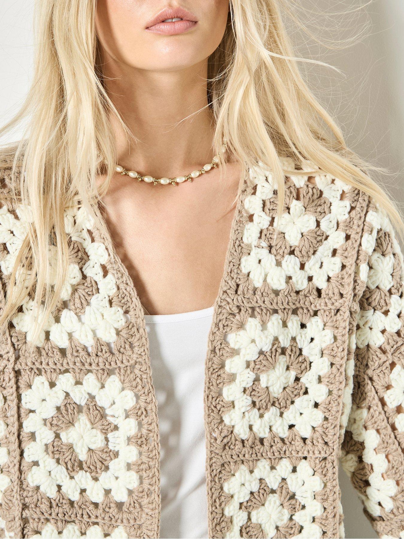 Image 4 of 4 of Apricot Hand-knit Crochet Squares Cardigan