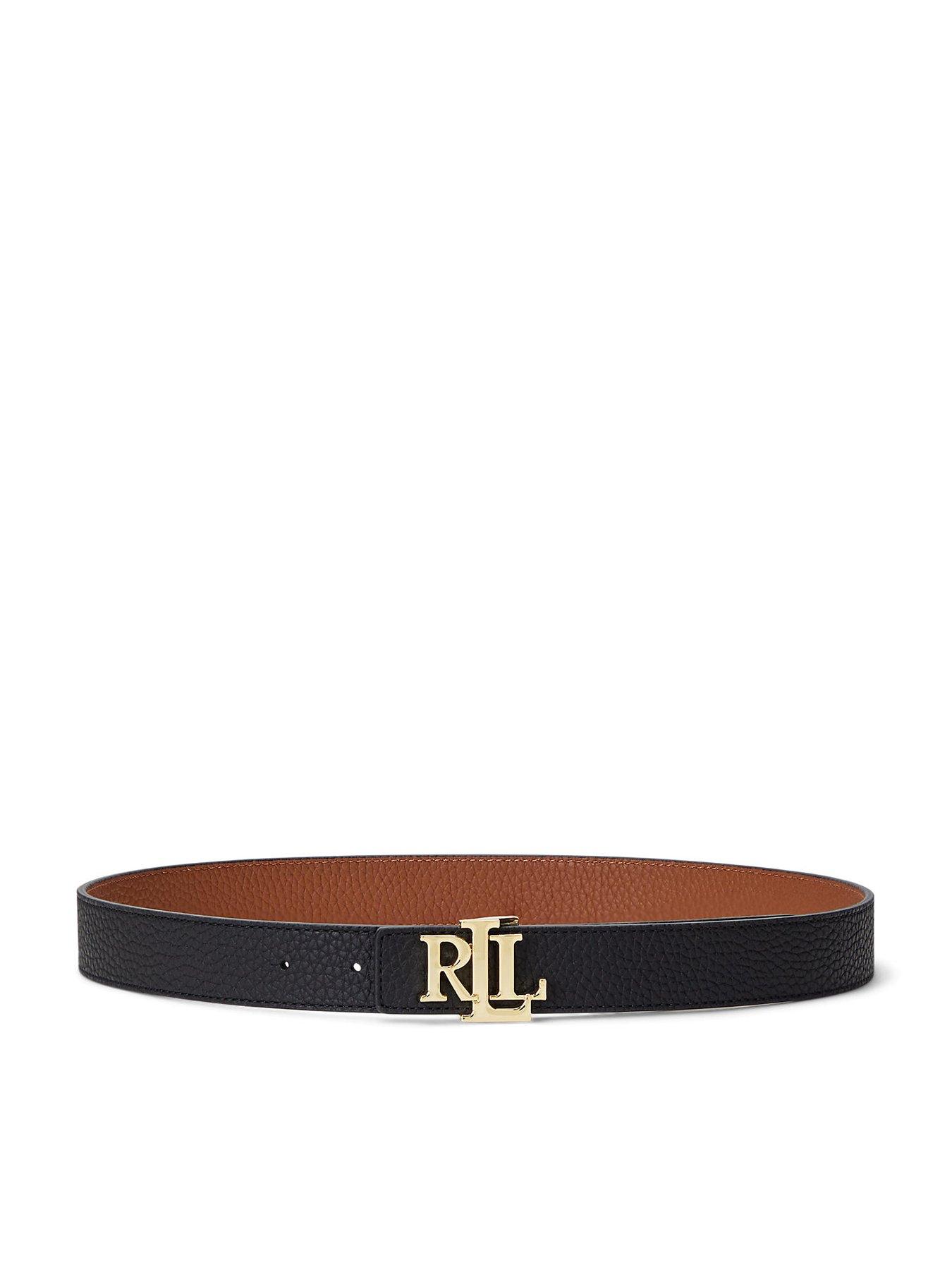 Image 1 of 3 of Lauren by Ralph Lauren Logo Reversible Pebbled Leather Belt - Black/Lauren Tan