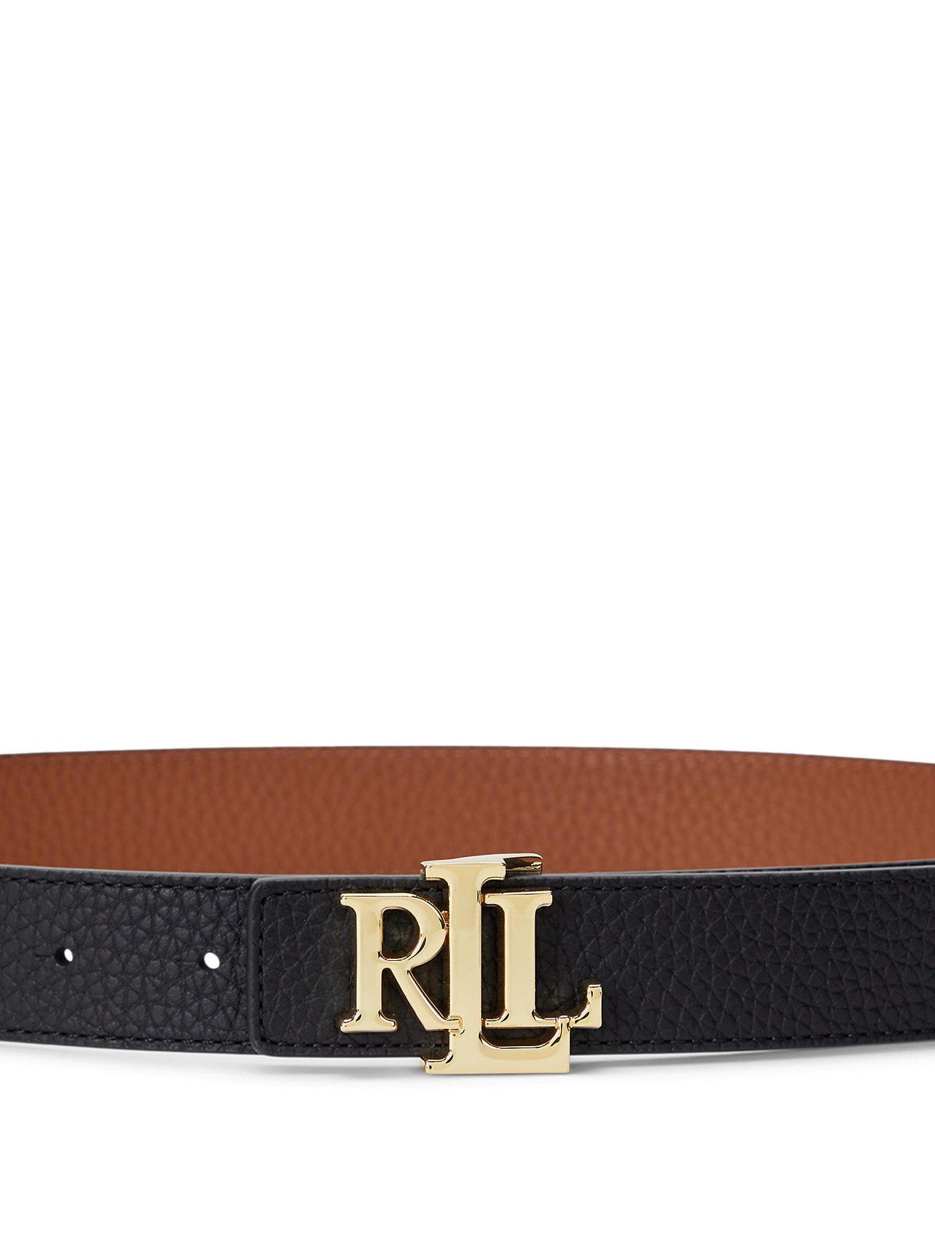 Image 2 of 3 of Lauren by Ralph Lauren Logo Reversible Pebbled Leather Belt - Black/Lauren Tan