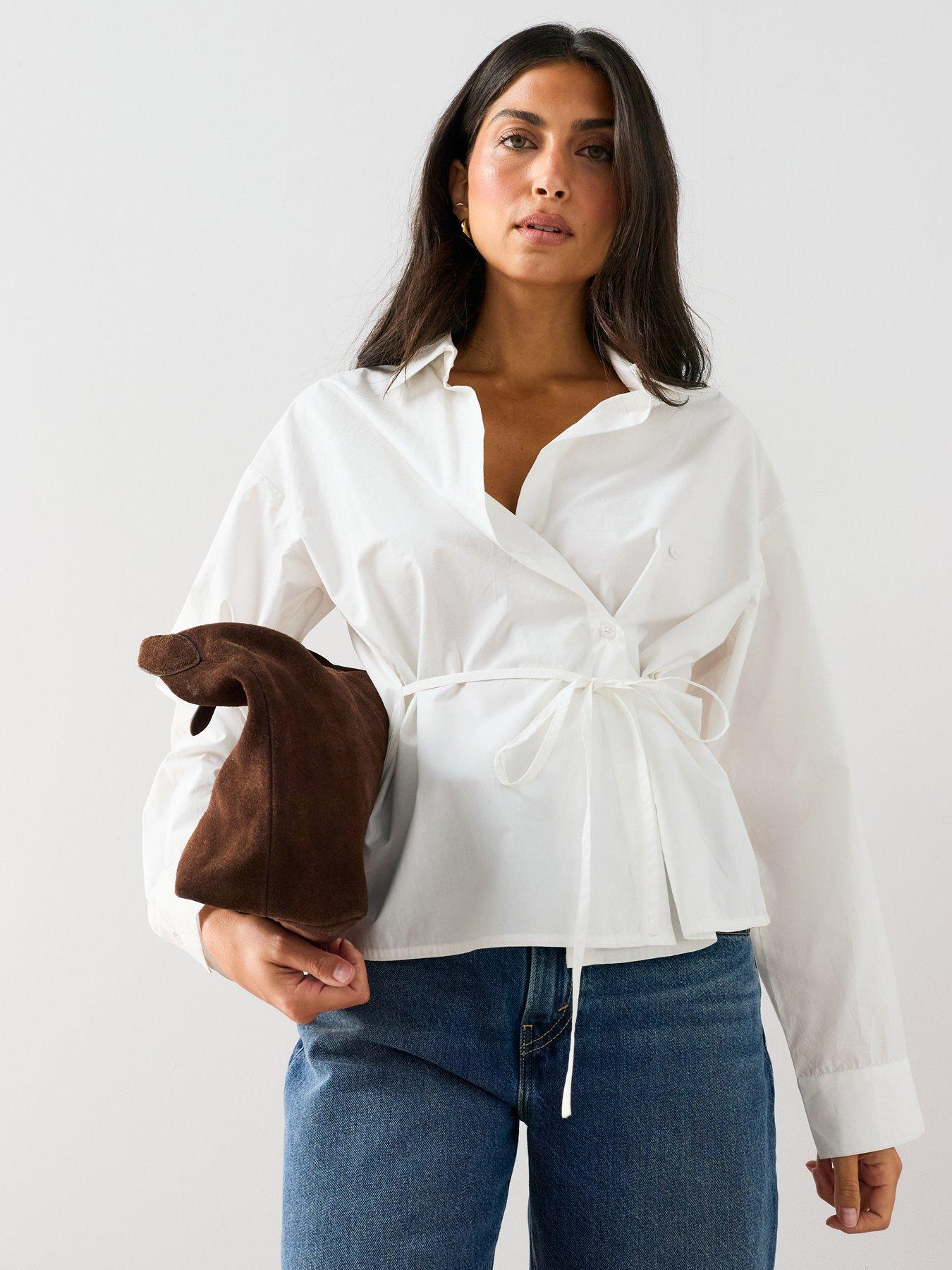 The Very Collection Women's Cotton Poplin Wrap Tie Shirt - White