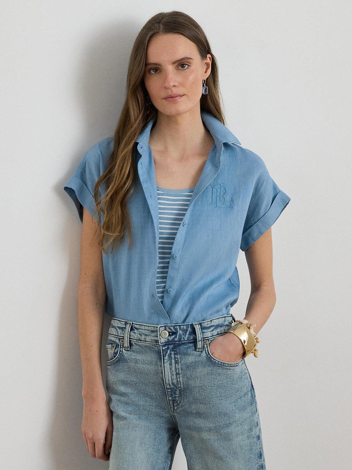 Lauren by Ralph Lauren Broono-Short Sleeve-Button Front Shirt - Blue
