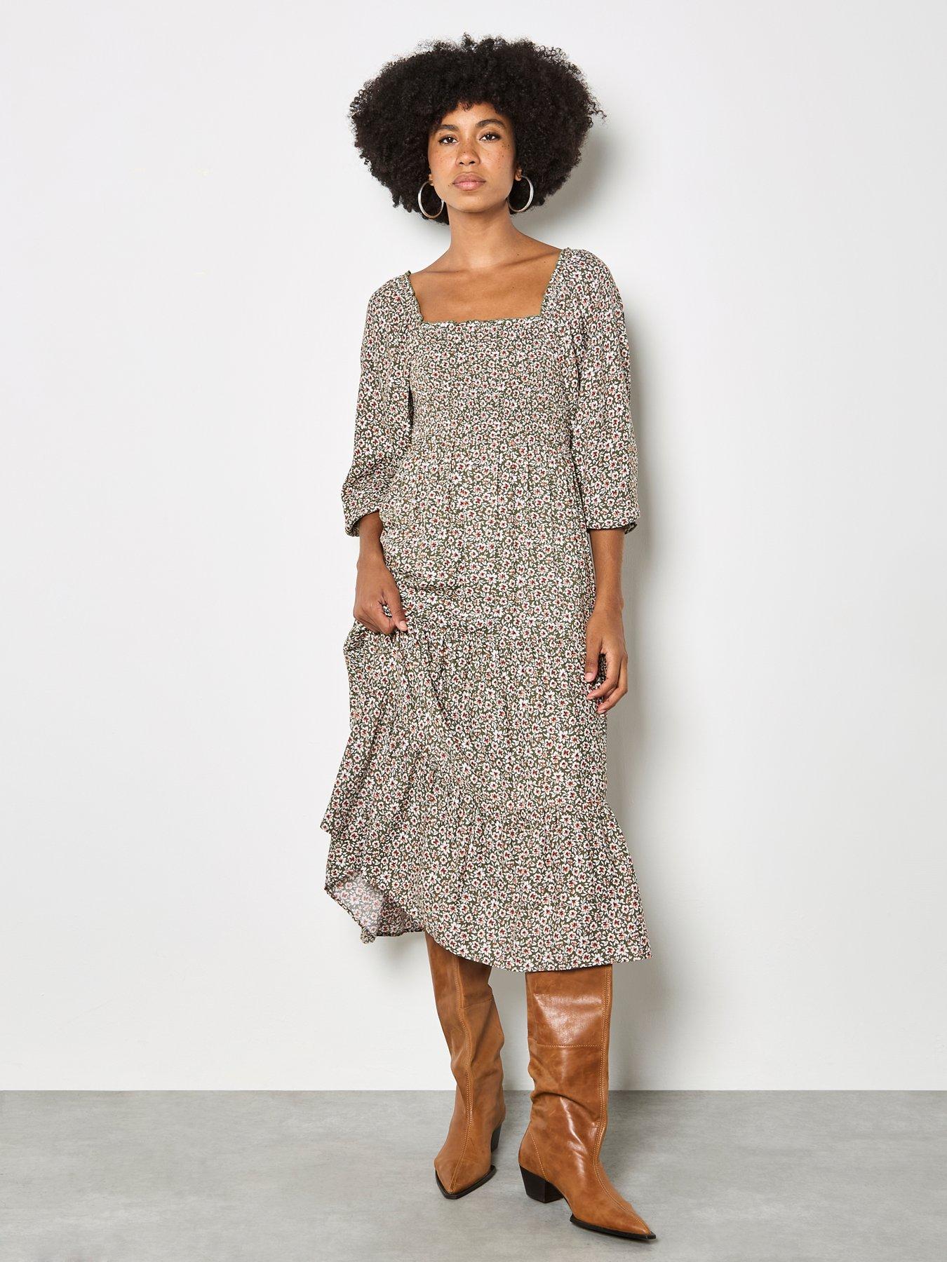 Image 1 of 3 of Apricot Ditsy Floral Smocked Midi Dress
