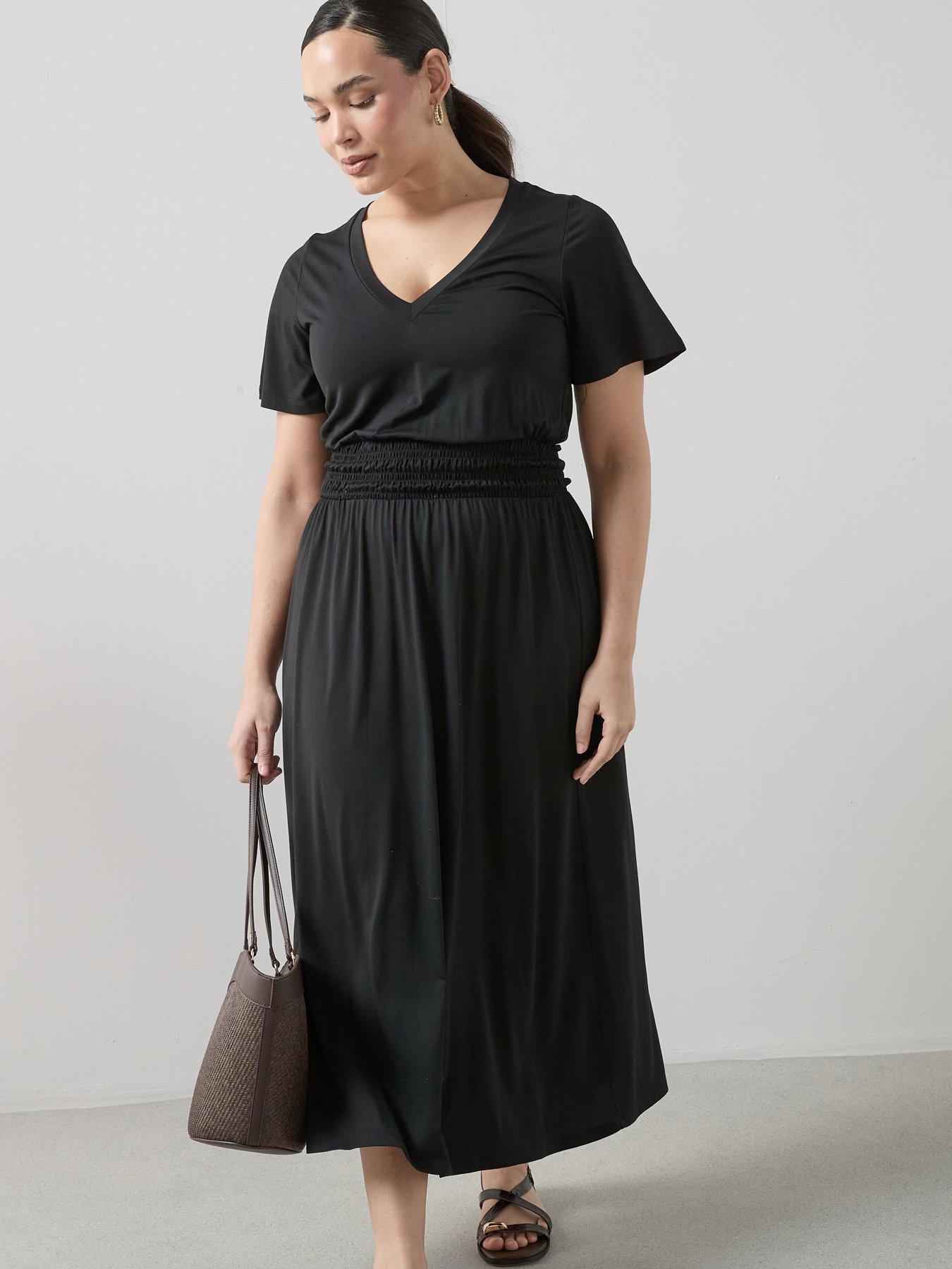 The Very Collection Curve Shirred Waist Stretch Short Sleeve Midi Dress - Black