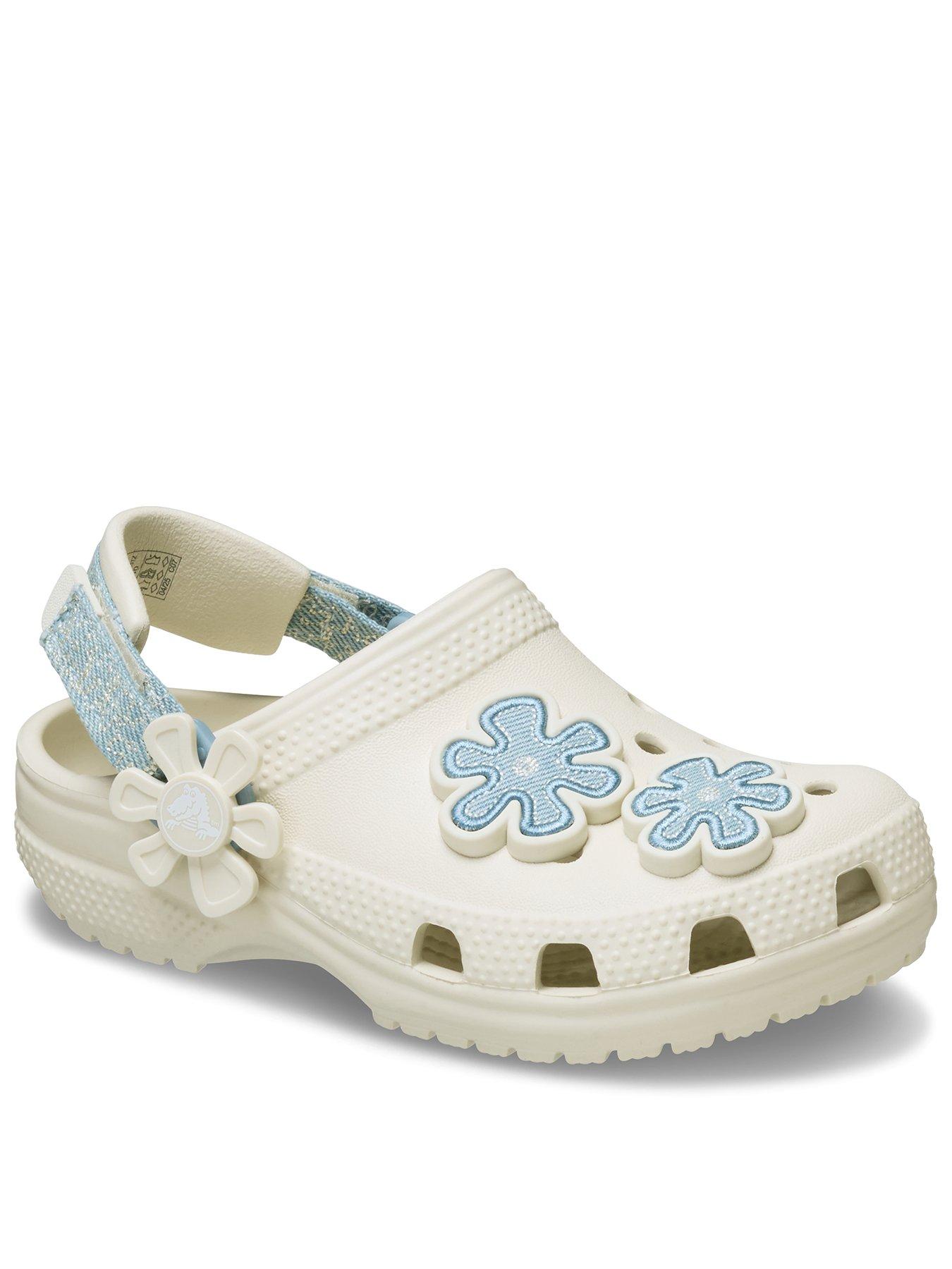 Crocs Toddler Classic Denim Flower Adjustable Backstrap Clog - White