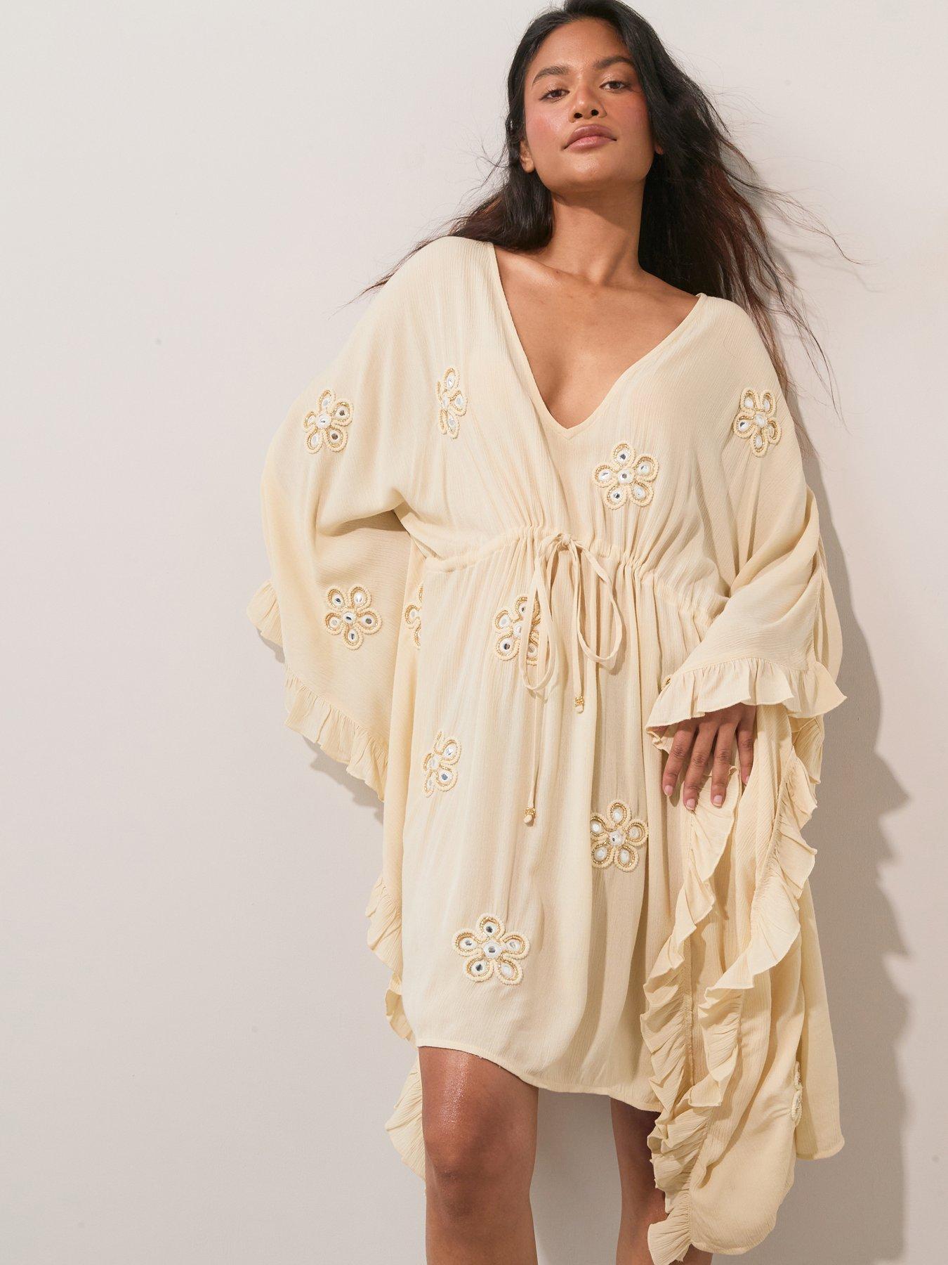 The Very Collection Embroidered Loose V-Neck Kaftan - Cream