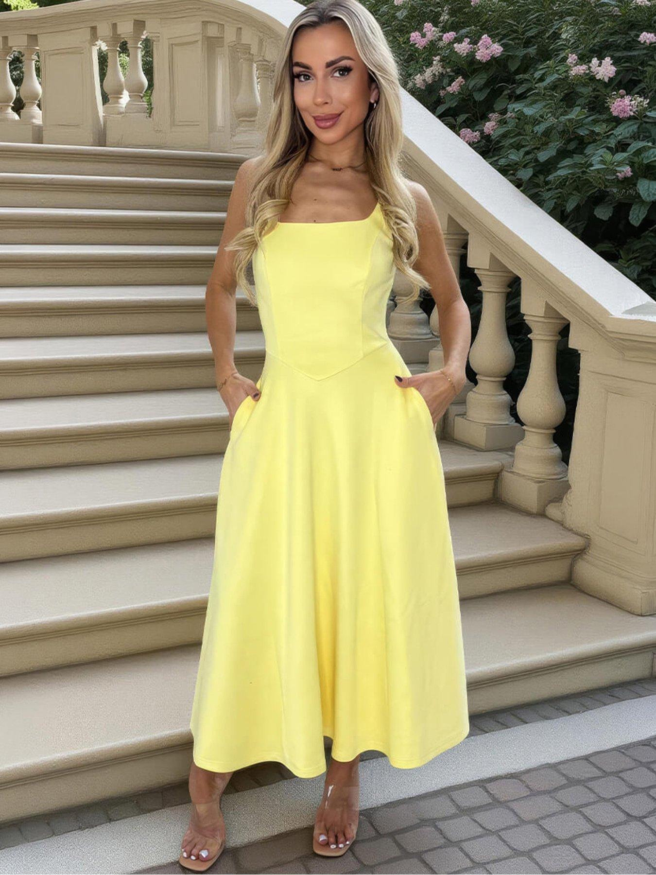 AX Paris Soft Yellow Square Neck A-line Midi Dress