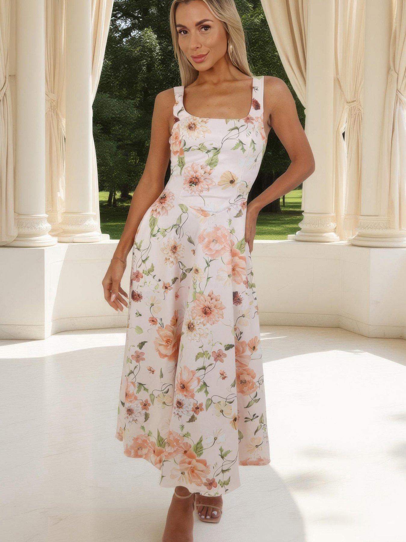 Image 1 of 4 of AX Paris Floral Print Square Neck A-Line Midi Dress - Multi