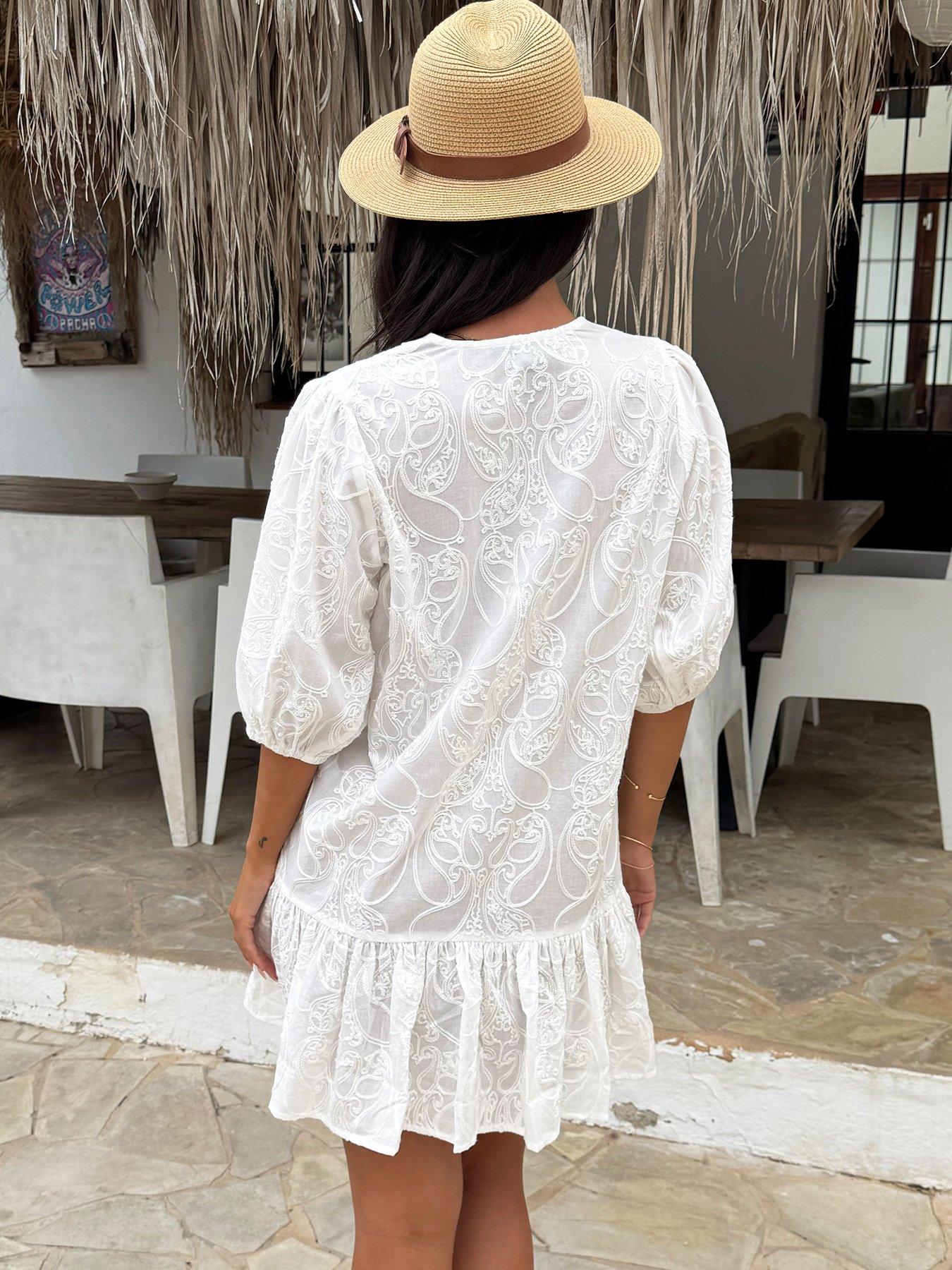 Image 2 of 4 of AX Paris Embroidered Drop Waist Mini Dress - White