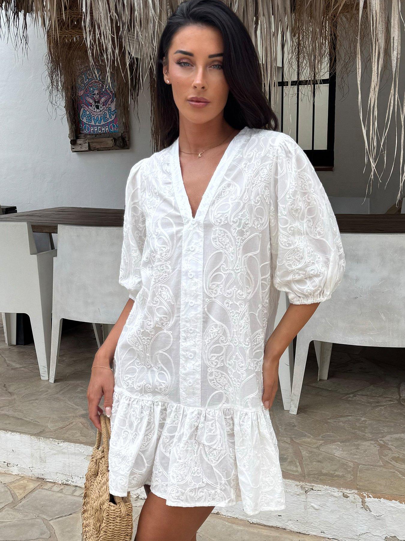 Image 3 of 4 of AX Paris Embroidered Drop Waist Mini Dress - White