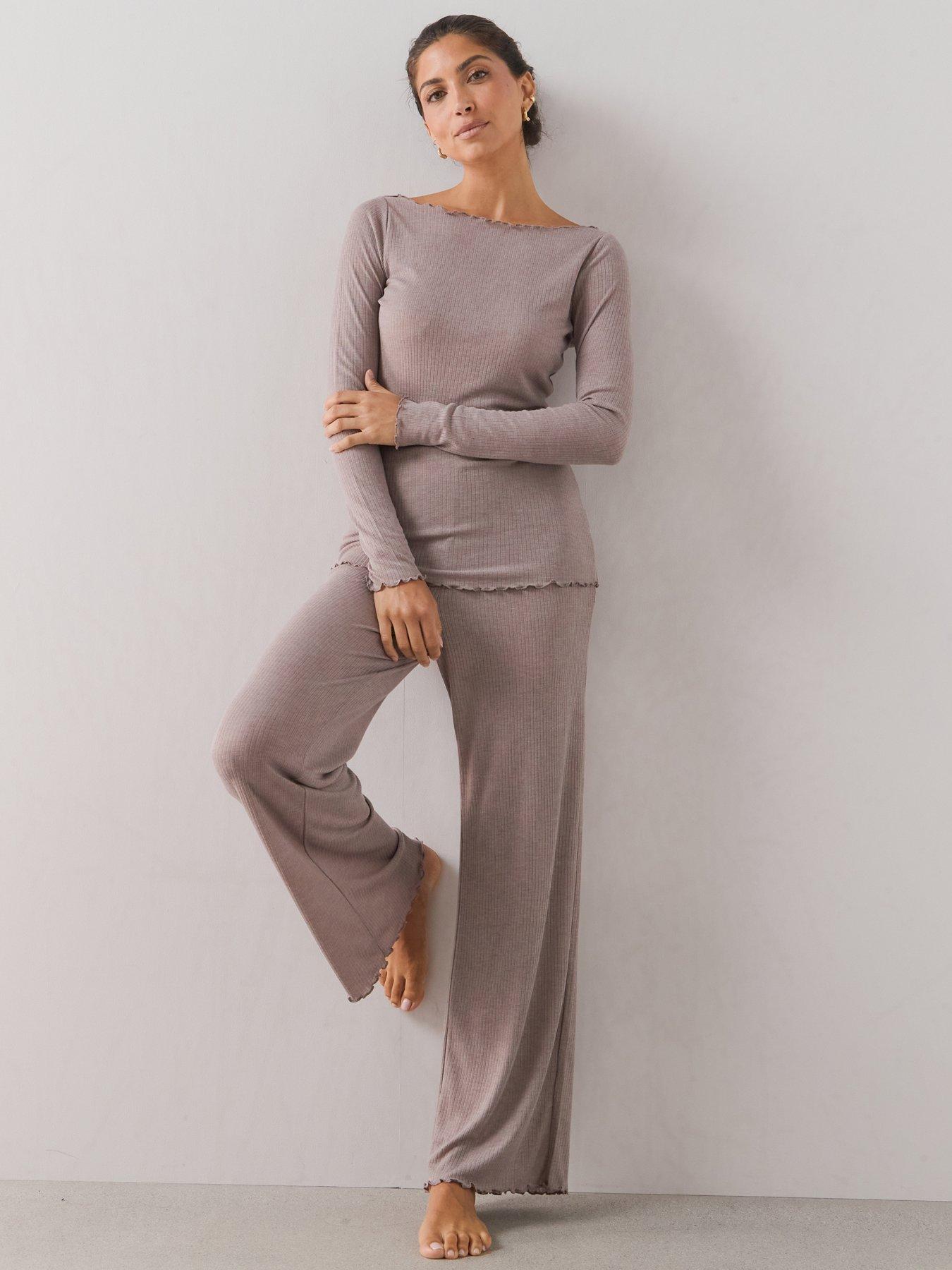 Image 1 of 7 of The Very Collection Frill Hem Ribbed Long Sleeve Pyjama Set - Mocha