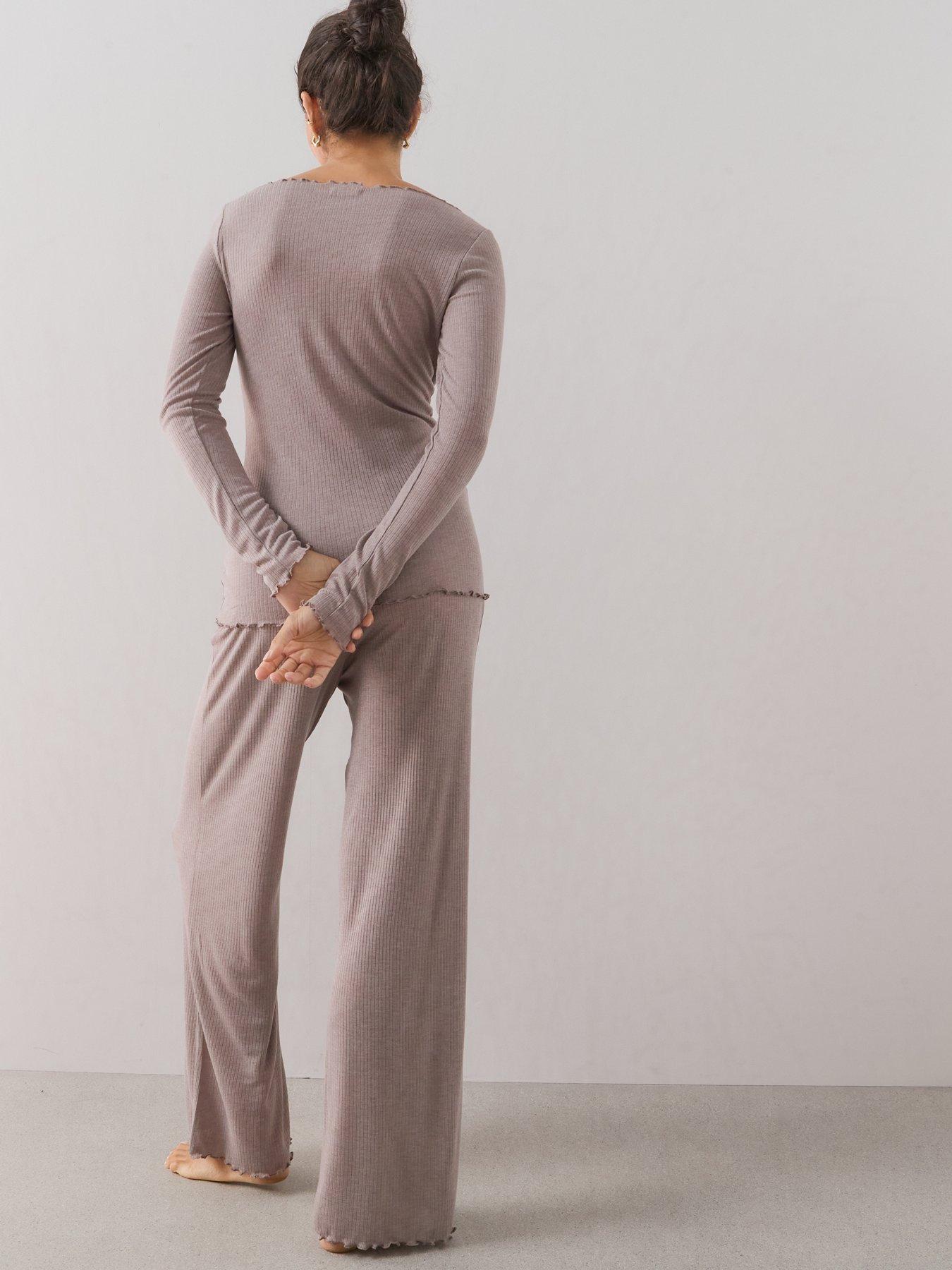 Image 2 of 7 of The Very Collection Frill Hem Ribbed Long Sleeve Pyjama Set - Mocha