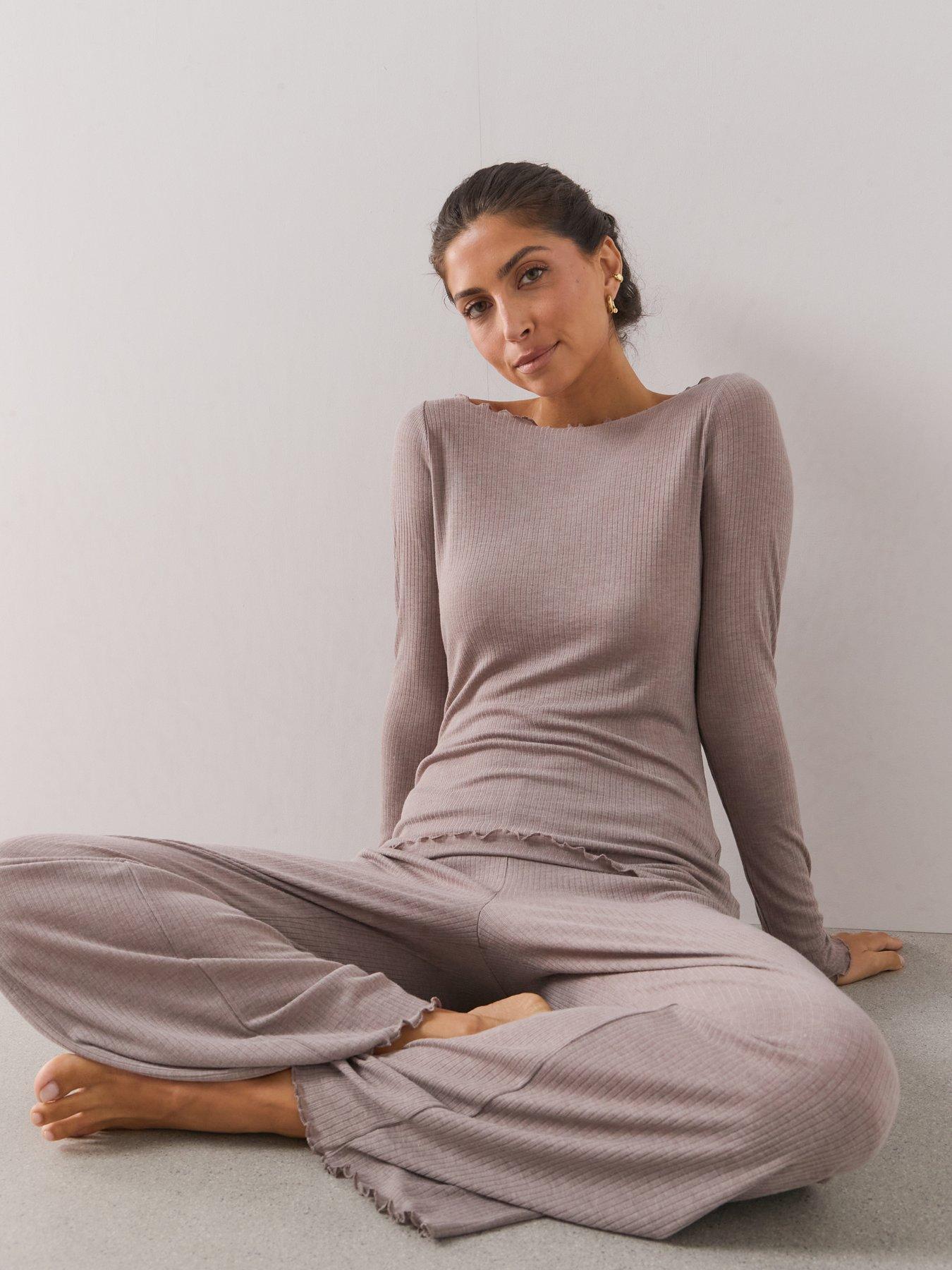 Image 3 of 7 of The Very Collection Frill Hem Ribbed Long Sleeve Pyjama Set - Mocha